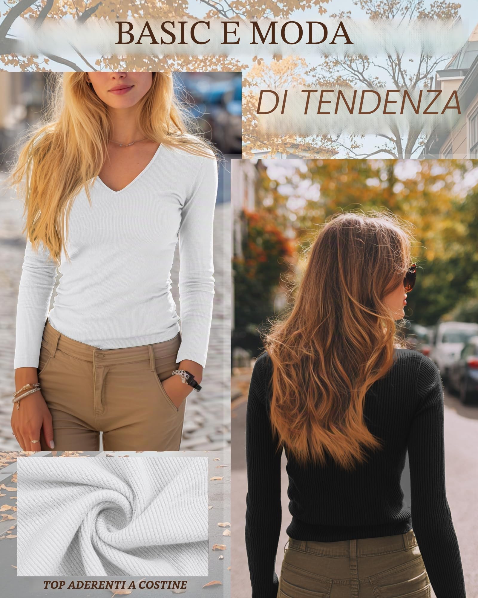 Ficerd Confezione da 3 Maglie a Coste per Donna | Tops in Cotone Con Scollo a V Per Uscire, Abbigliamento Casual Business, Canottiere Basic Aderenti Per Sotto Le Divise