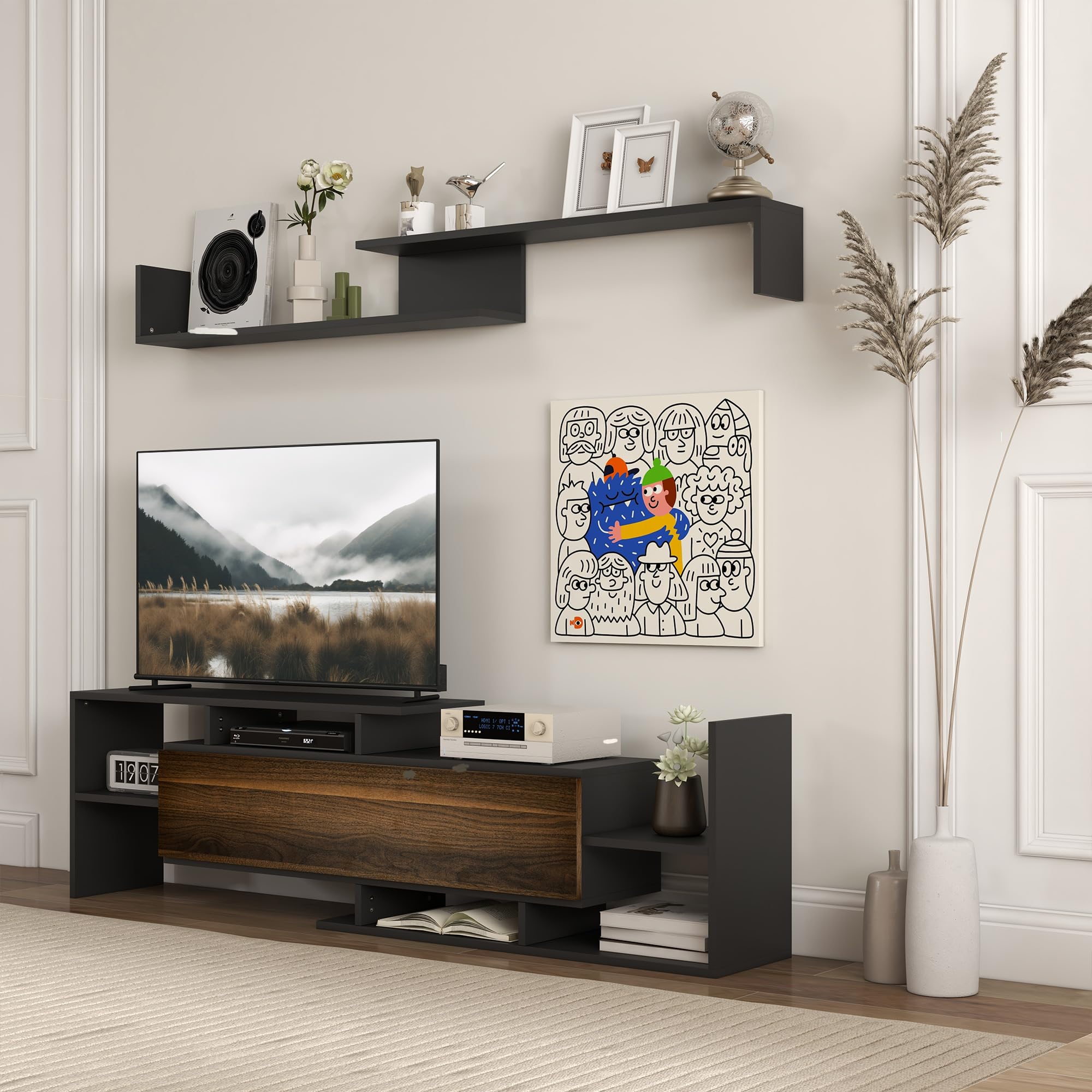 HOMCOM Mobile TV con Mensola a Muro, Ripiani Aperti e Armadietto in Legno, Mobile TV Moderno per Soggiorno e Camera da Letto, Nero e Marrone