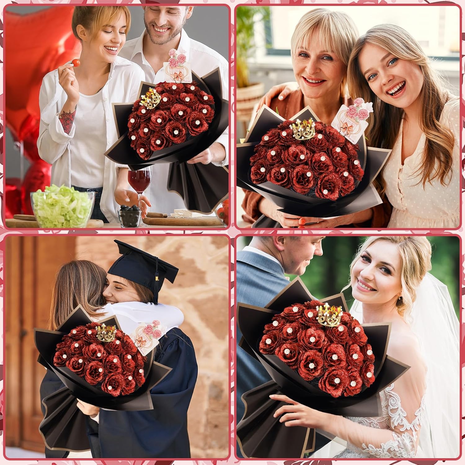 25 Pcs Red Glitter Roses Bouquet,Valentine's Day DIY Artificial Bouquet of Shiny Red Faux Rose Flowers Bouquet,for Wedding Bouquet Centerpiece Floral Arrangement Bride Shower Party Home Decor - Image 2