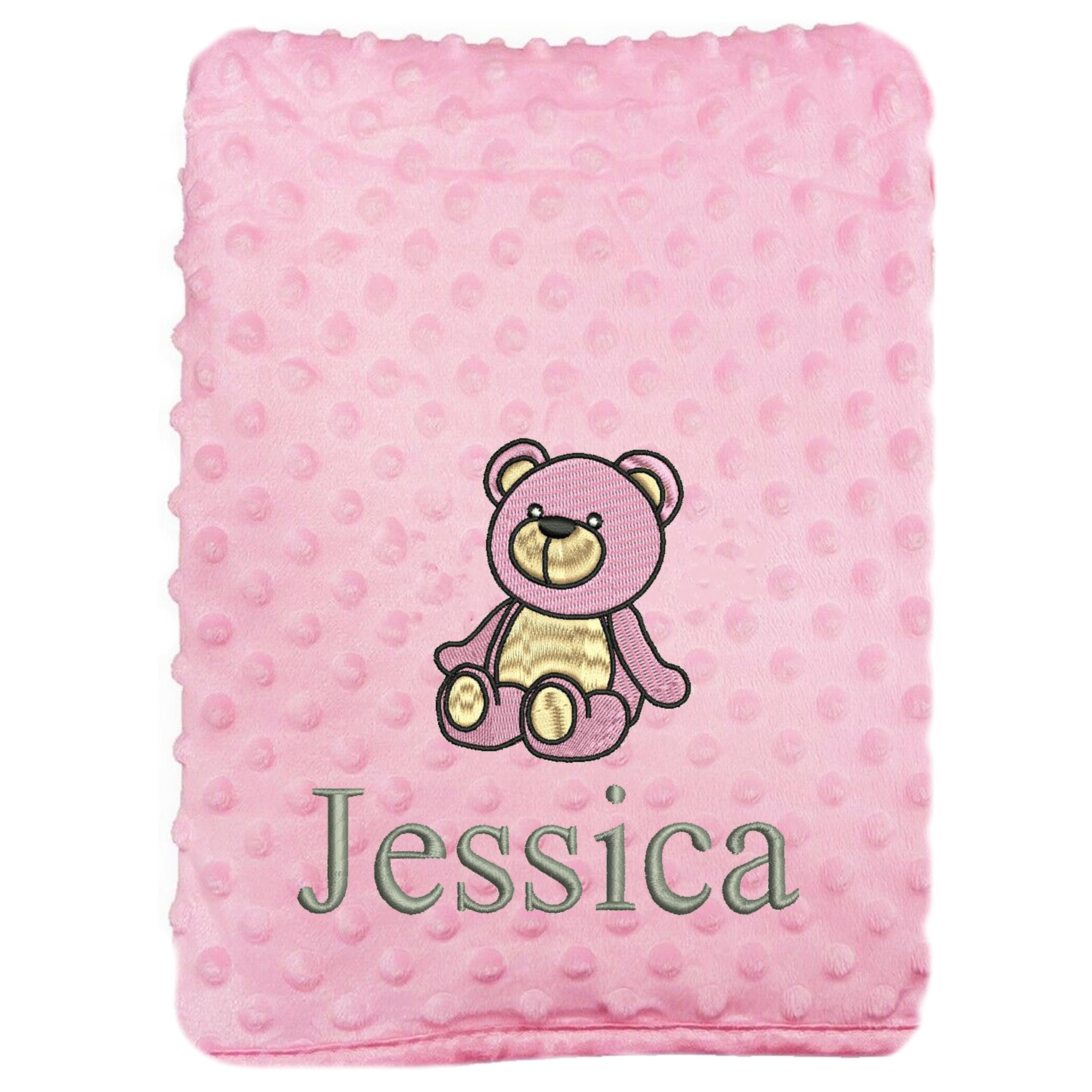 JJLC Personalised Baby Bobble Blanket Embroidered Bear & Name Soft Fleece Wrap (Pink Bobble)
