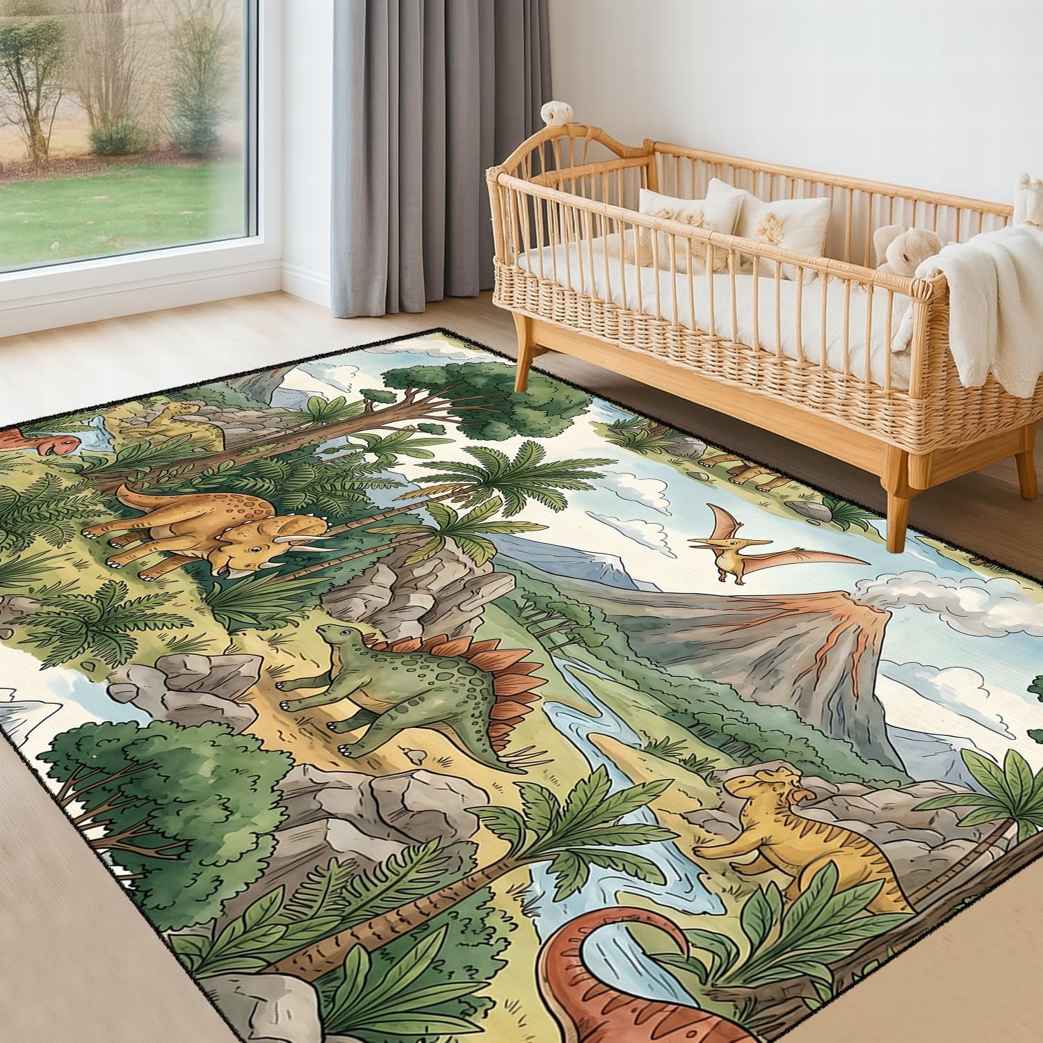 SMXVRC Kids Dinosaur Area Rug, 180x230cm, Jungle Volcano Dino Educational Floor Carpet for Playroom, Soft Low Pile Pet Friendly Printed Carpets for Boys Kids Room