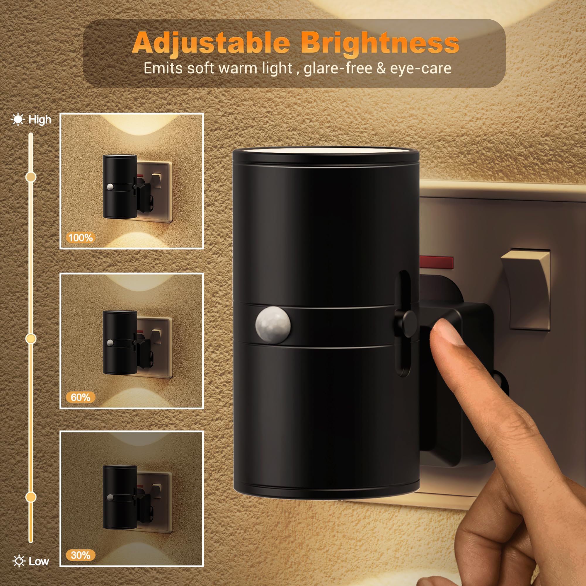 JandCase Motion Sensor Night Light, 3 Lighting Mode (ON/Off/AUTO), 3000K Warm White, Plug in Night Light Dimmable 0-100 LM - Image 4