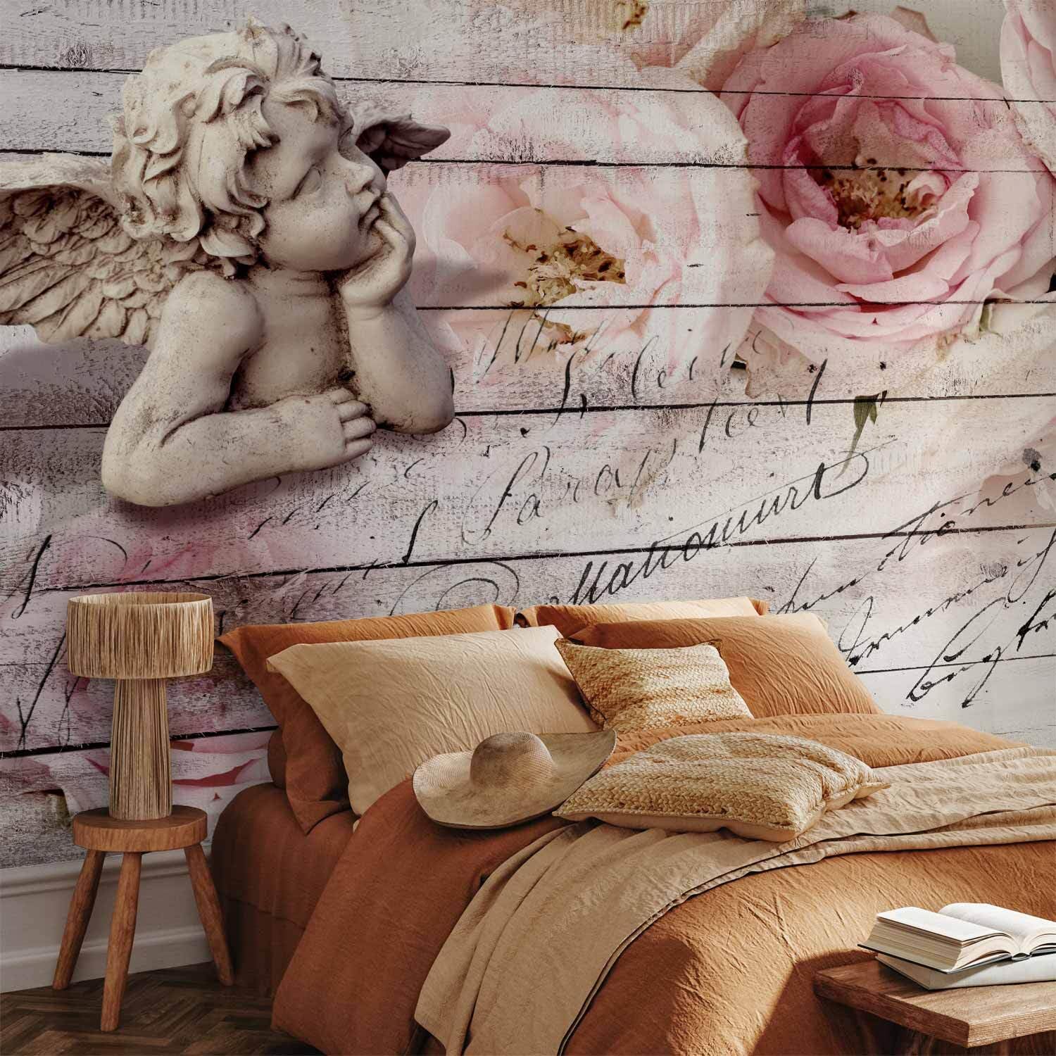 decomonkey Fototapete Blumen Holz, 400x280 cm, XL, Vintage Rose Angel | Vlies, Schlafzimmer, Wohnzimmer, Tapete, Fototapeten, Tapeten, Vliestapete, Wandtapete, moderne, Wandbild, Wand