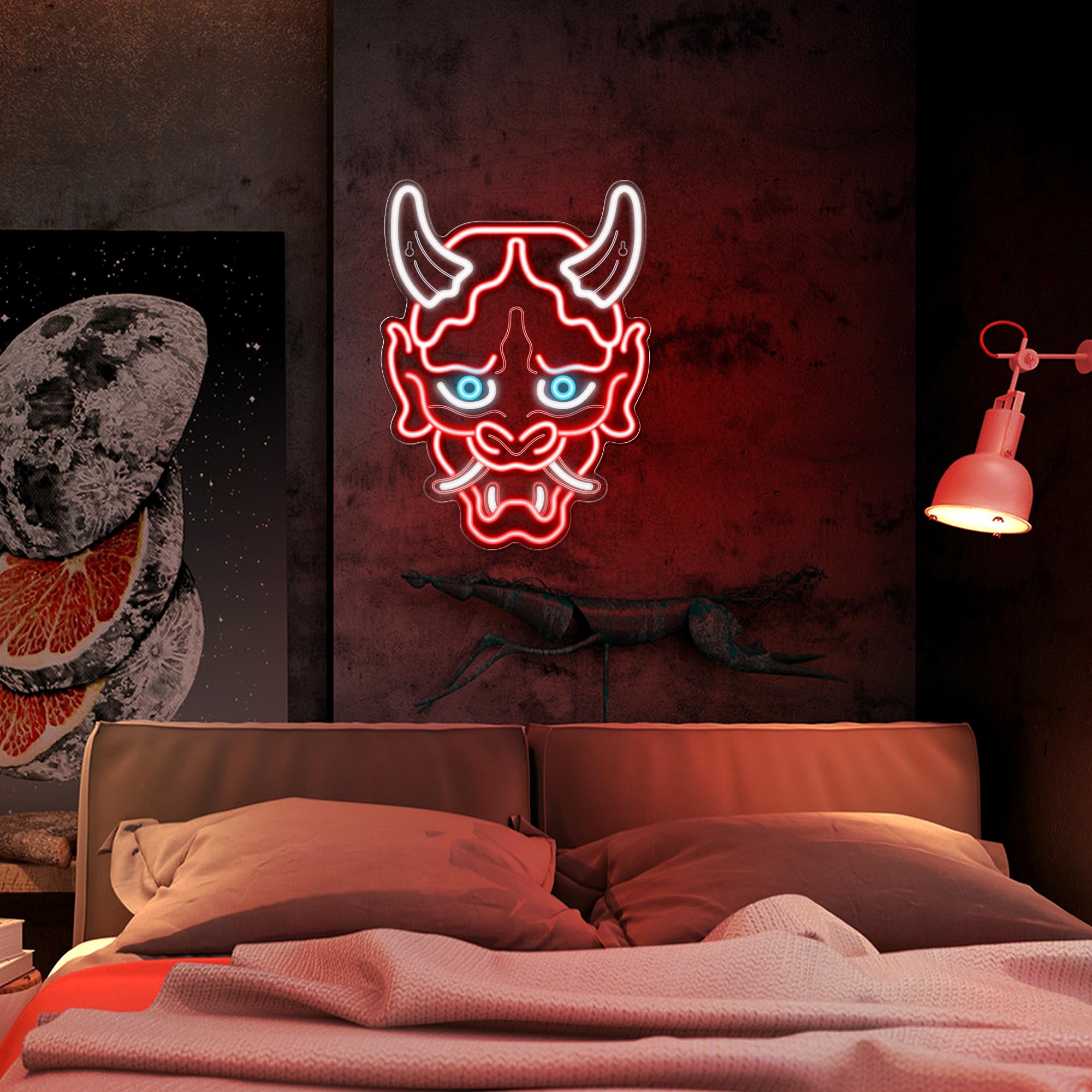 Kavaas Insegna al neon con maschera Hannya, insegna al neon giapponese anime per stanza dei videogiochi, bar, decorazione per studio tatuaggi, luce al neon a LED per camera da letto ragazzi