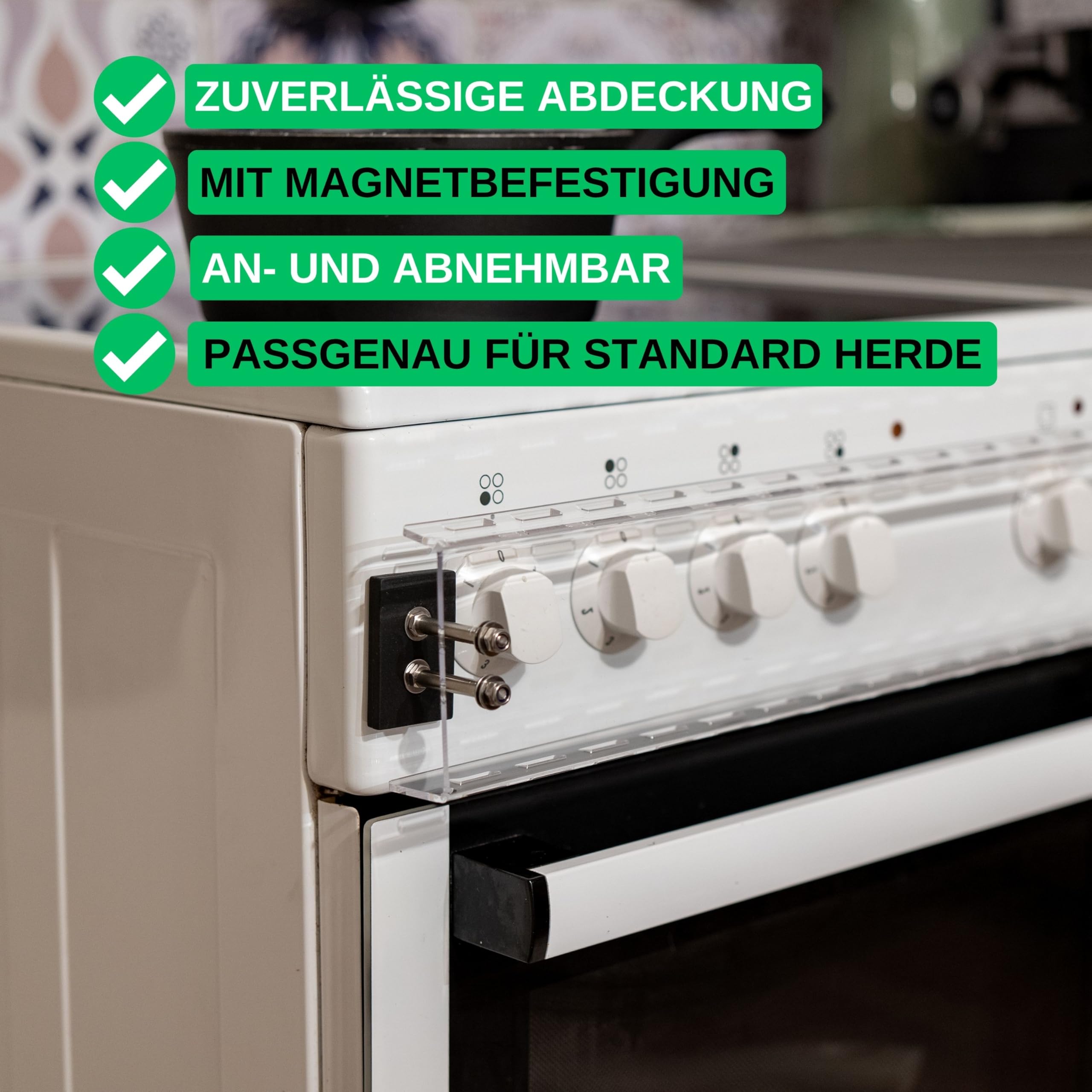 Herdknopf Kindersicherung, 1 Set, aus Acrylglas, in Transparent, Babysicherung mit Magnetbefestigung, Schutz für Standard Herde mit max. 48 cm breiter Schalterreihe, Herdknöpfe Schalter Abdeckung