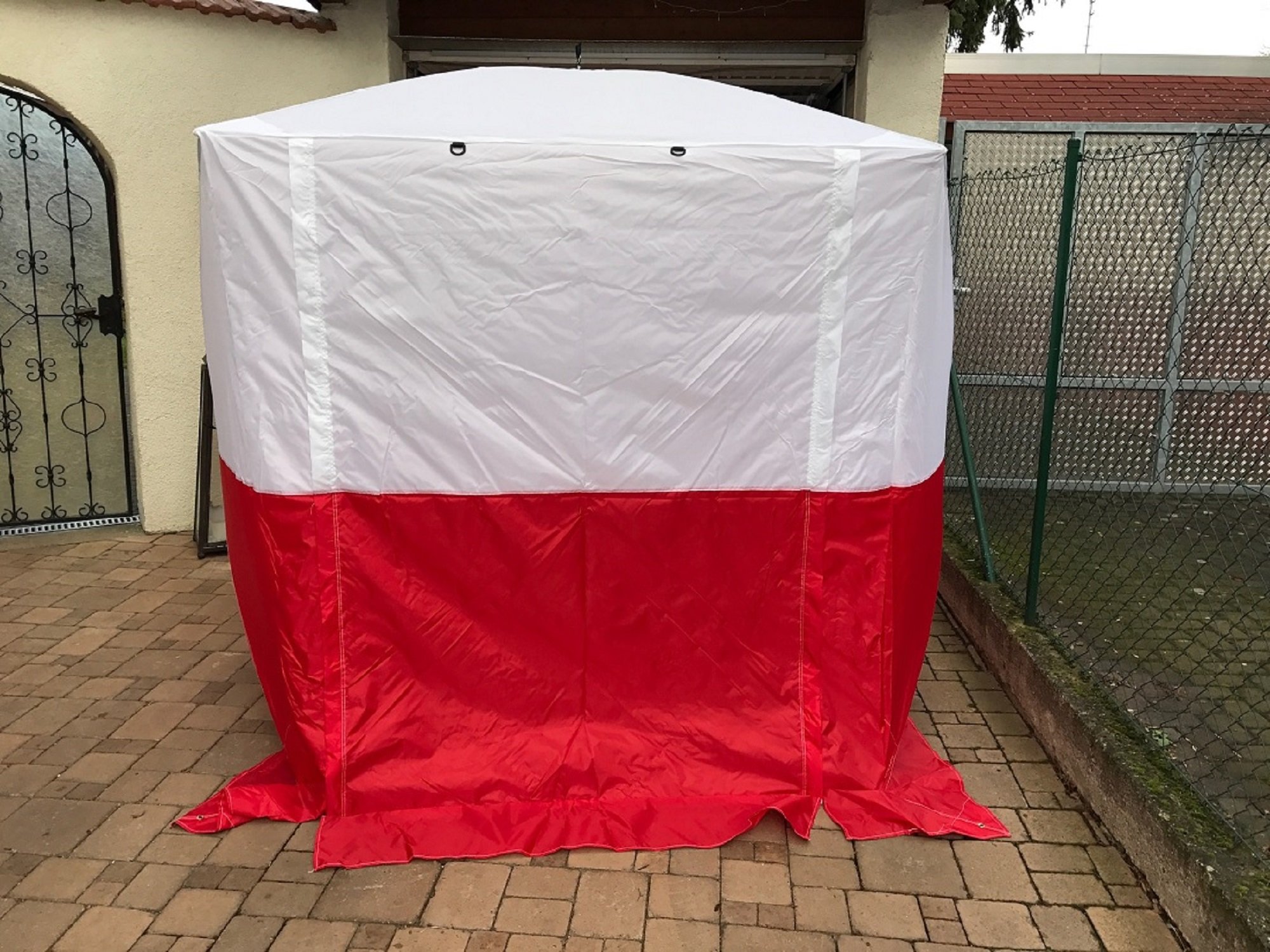 Namiot budowlany, składany, ochrona przed warunkami atmosferycznymi, czerwony/biały, montaż i demontaż w ciągu 30 sekund