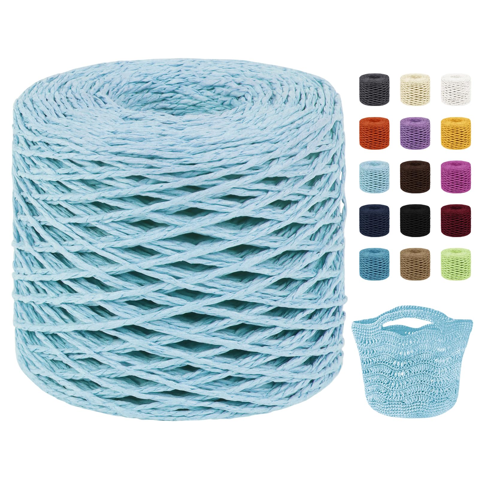 Uiopa Raffia Yarn for Crochet, 2mm x 200m Raffia Paper String Straw Crochet Yarn for Crocheting Beach Bags, Sun Hats, Home Decor, DIY Crafts (Light Blue)