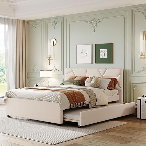 Miniatura 1 de WOXYX Cama de plataforma tapizada tamaño Queen con cama nido tamaño individual XL, marco de cama de madera con tela de lino y cabecera con patrón de