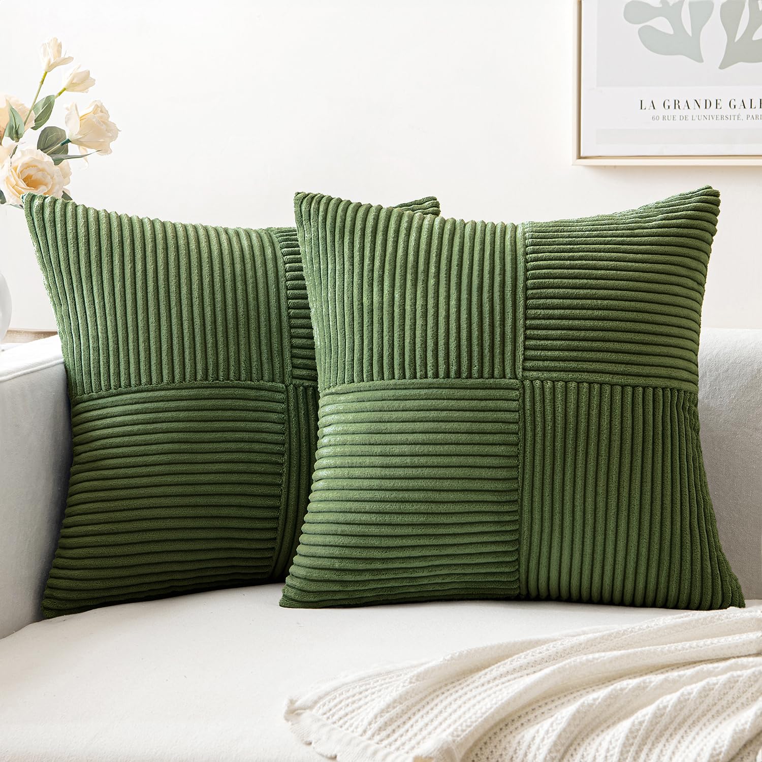 MIULEE Moss Green Corduroy Pillow Covers Pack of 2 Boho Decorative Spliced Throw Pillow Covers Soft Solid Couch Pillowcases Cross Patchwork Textured Cushion Covers for Living Room Bed Sofa 18x18 inch