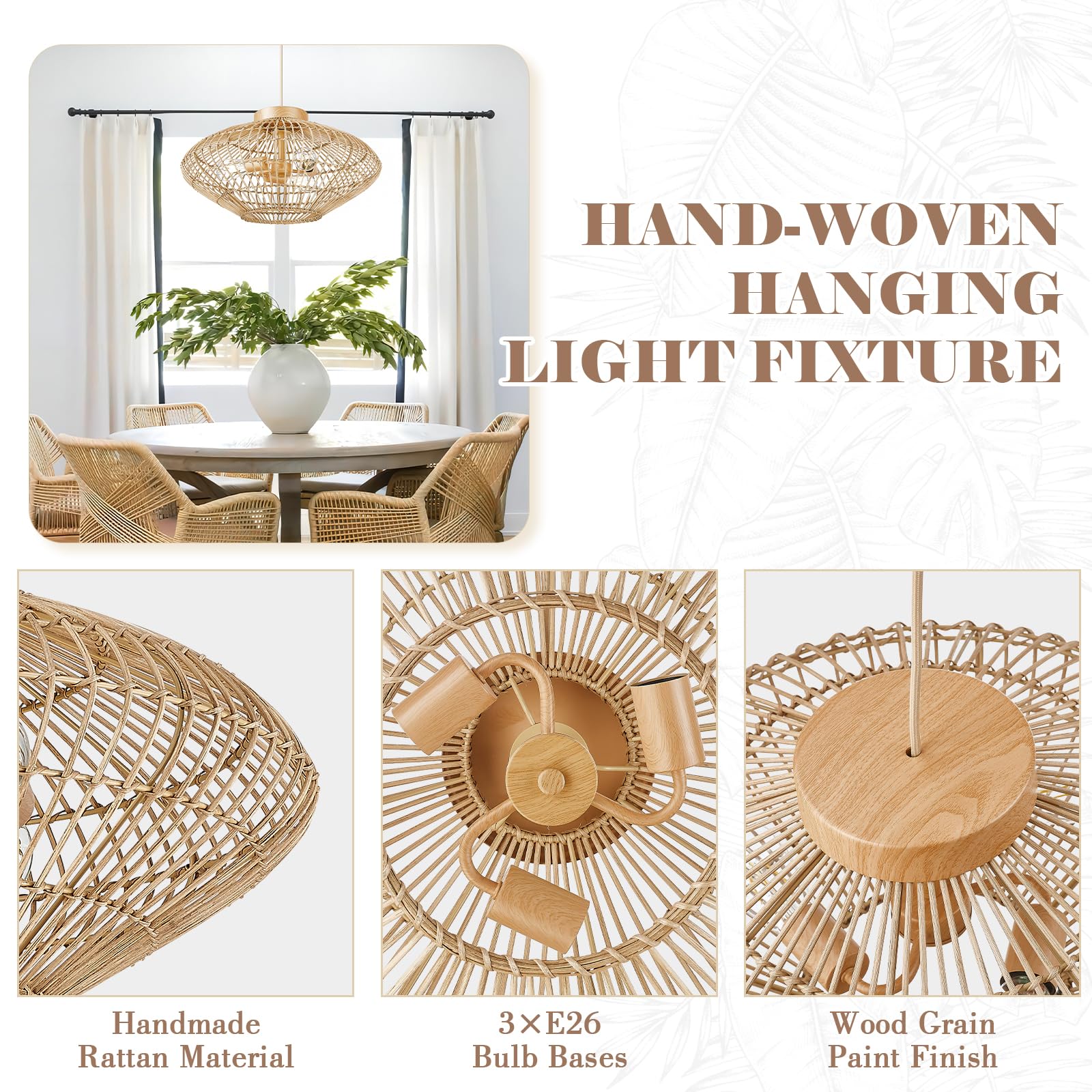 zeyu Farmhouse Large Rattan Pendant Lighting, 3-Light Boho Hanging Light Fixture for Bedroom, Wicker Pendant Lamp, 23" Handwoven Rattan Shade, Wood Grain Paint Finish, ZG91MIL