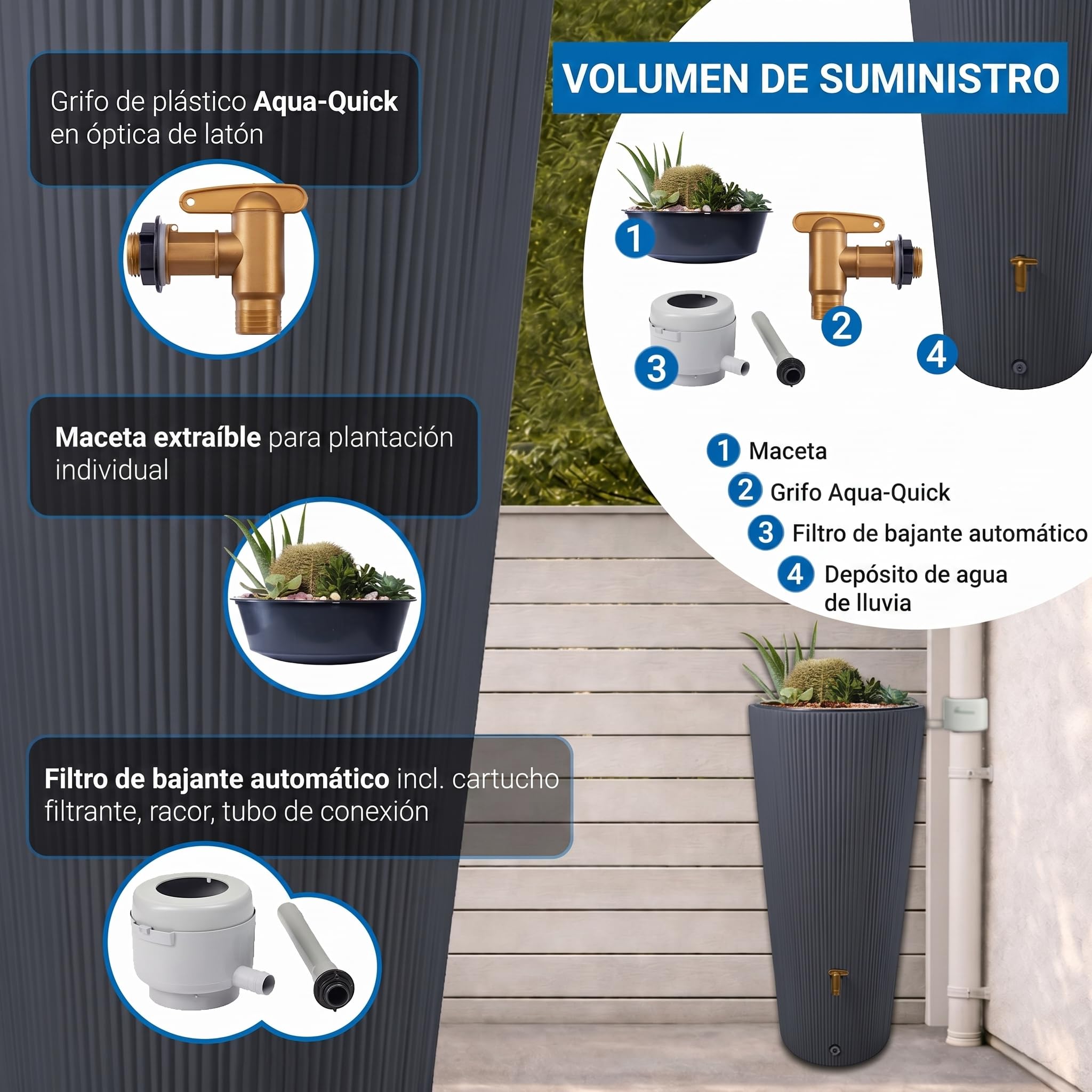 4rain Vaso 2en1 Decor depósito de Agua de Lluvia 220 L Graphite Grey Incl. Grifo de plástico y conexión al bajante - diseño Decorativo para jardín - Set Listo para conectar - Uso Exterior fiable