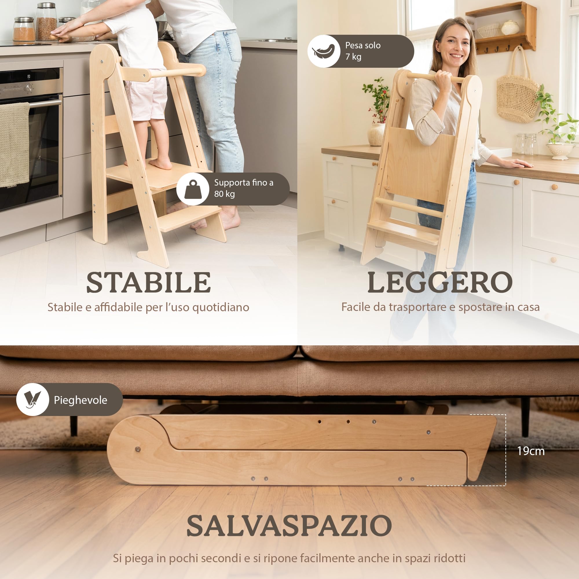 TOYBOX Torre Montessoriana Pieghevole, Learning Tower, Legno Naturale