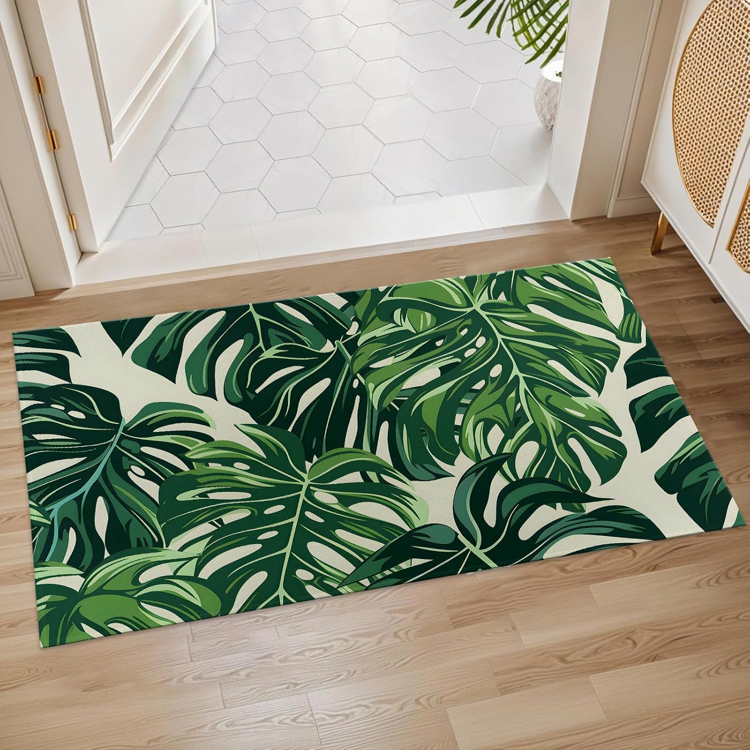Tropical Monstera Leaf Indoor Door Mat, 17x29.5 Inch, Floor Area Rug for Entryway, Living Room, or Bathroom, Non-Slip Doormat, Green Leaf Home Decor Rug Gifts