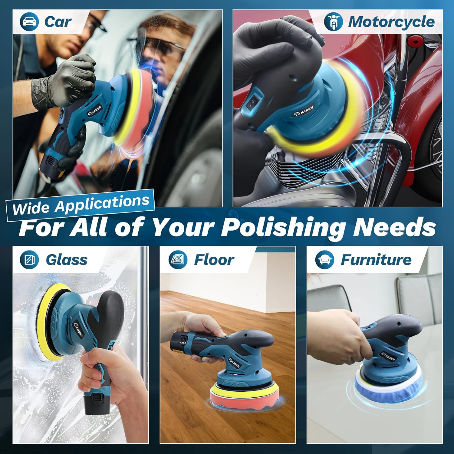 Saker Mini Cordless Buffer Polisher - 6 Inch Portable Polishing Machine Kit for Car Detailing, with 1PC 12V 2000mAh Rechargeable Battery, extra 10 PCS Attachments - Image 7