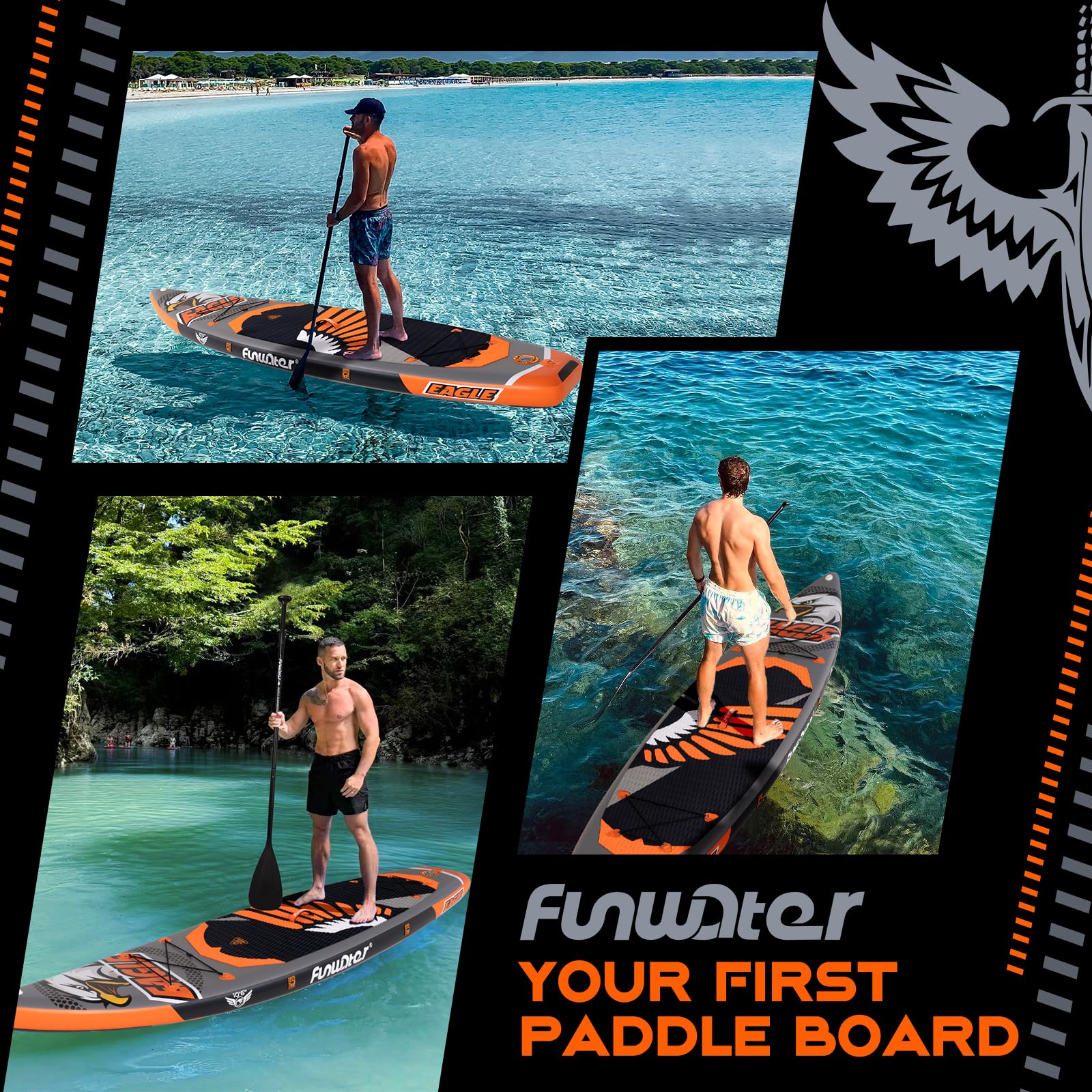 FunWater SUP Gonfiabile Stand Up Paddle Board Tavole da SUP Gonfiabili Adulti Tavola da Surf con Accessori Pompa a Mano,Pagaia,3 Pinne