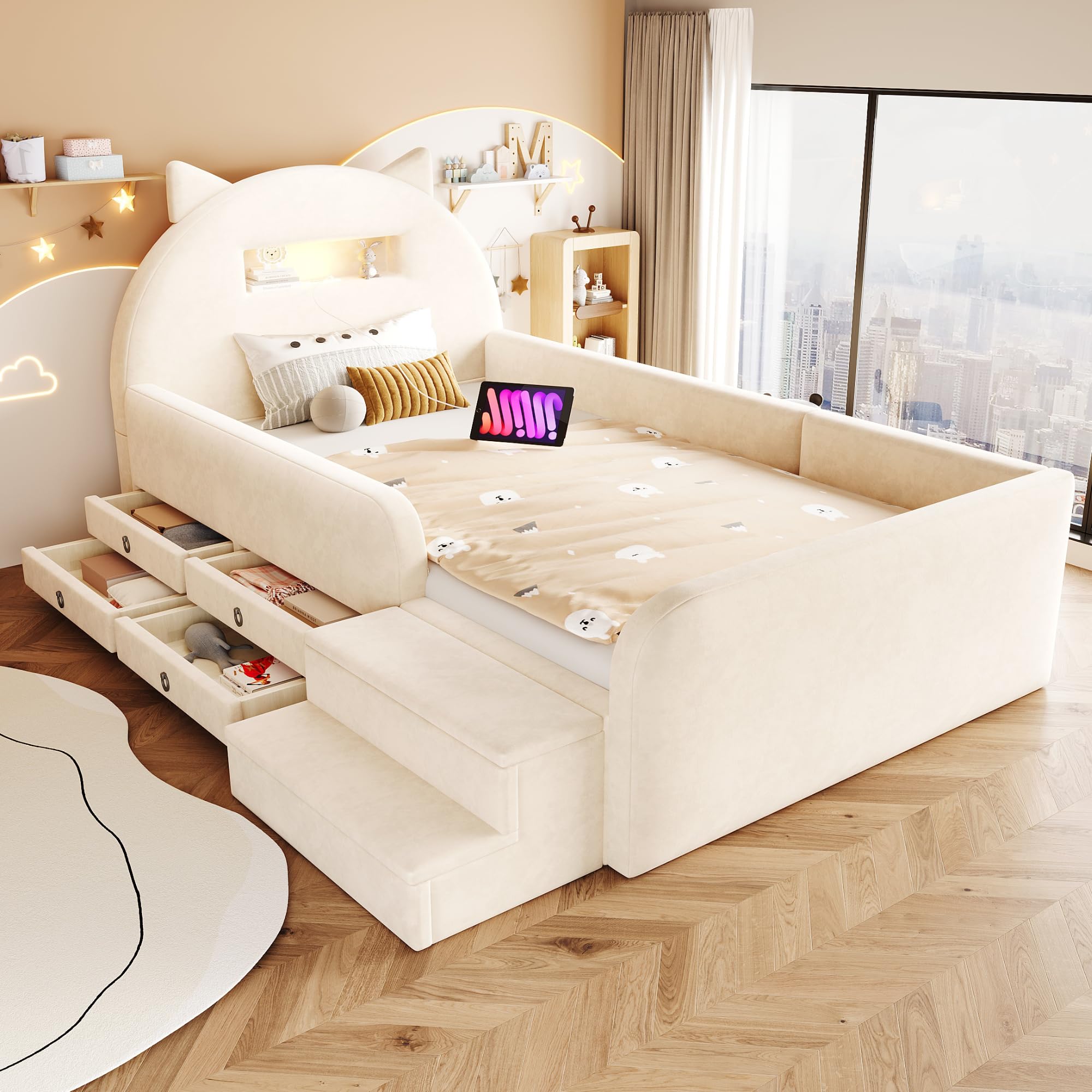 Kebnor Cama tapizada para niños de 90 x 200 cm, con bonito cabecero en forma de orejas, estante, luz nocturna y puerto USB en el cabecero, con reposapiés extraíble y cajón de almacenamiento, tela de