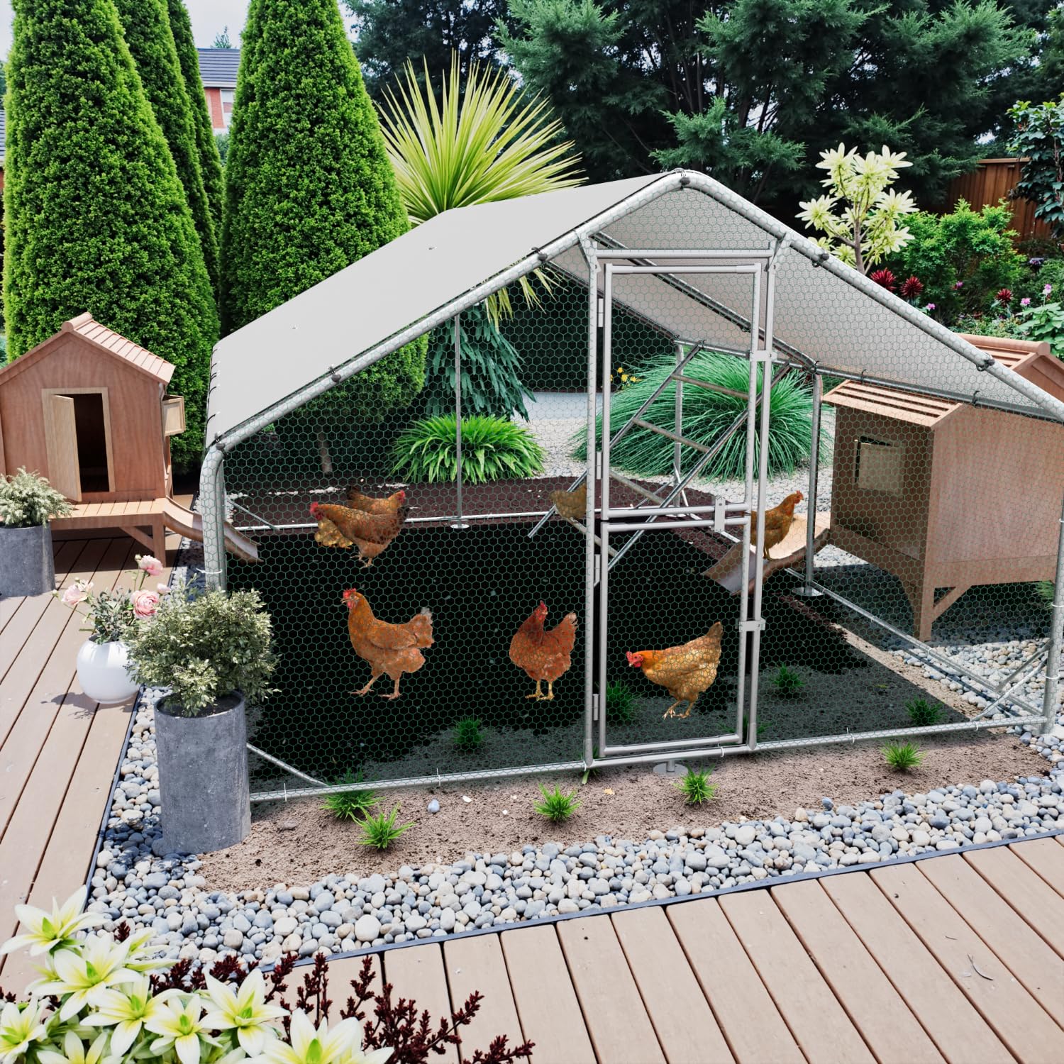 Sannwsg Großer Hühnerstall aus Metall 3x4x2m mit Dachabdeckung Hühnergehege für Garten Wetterfestes Freilaufgehege für 10 bis 20 Hühner mit Zubehör und Sitzleiter