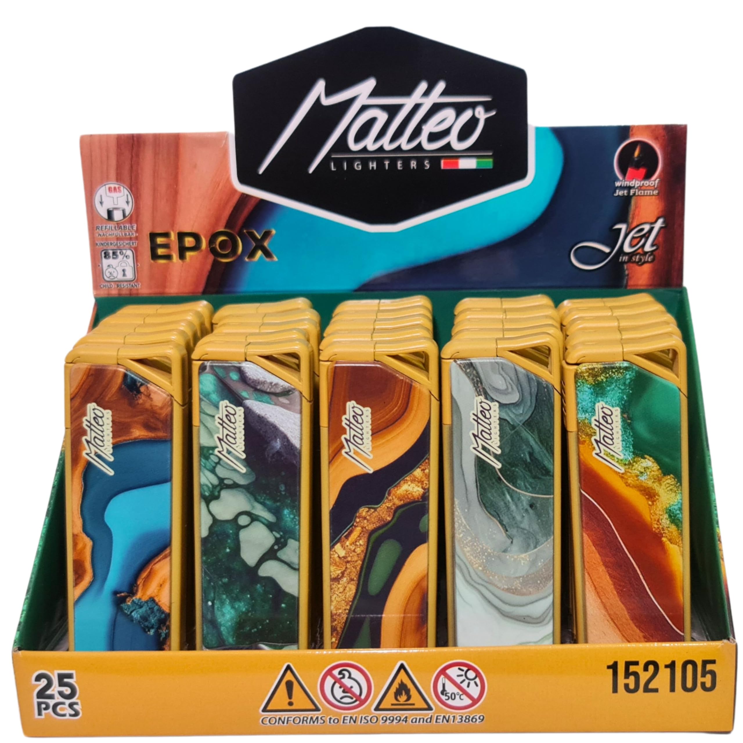 Zactly 5 x MATTEO Windproof Jet Flame Lighter Set Rare Dustproof Electronic Gas Refillable (Slim Epox Waves)