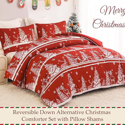 Miniatura 2 de Exclusivo Mezcla Juego de edredón de Navidad, tamaño Queen, reversible, con rayas rojas oxidadas, estampado con patrón de copos de nieve de árboles