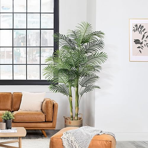 Miniatura 7 de Kazeila Palmera artificial de caña dorada, planta de palma tropical falsa de 4 pies, planta de verdor artificial premacetada para decoración del