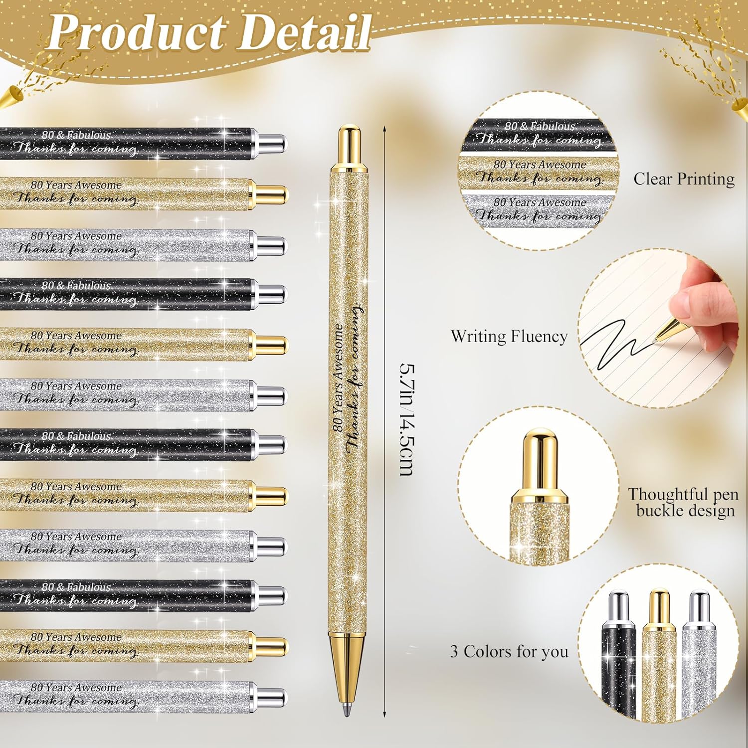 Feifeiya 24 Set 80th Birthday Party Favor for Guests Anniversary Appreciation Gifts Birthday Glitter Ballpoint Pen and Thank You Cards for Women Men Years Party Favor Decoration Supplies