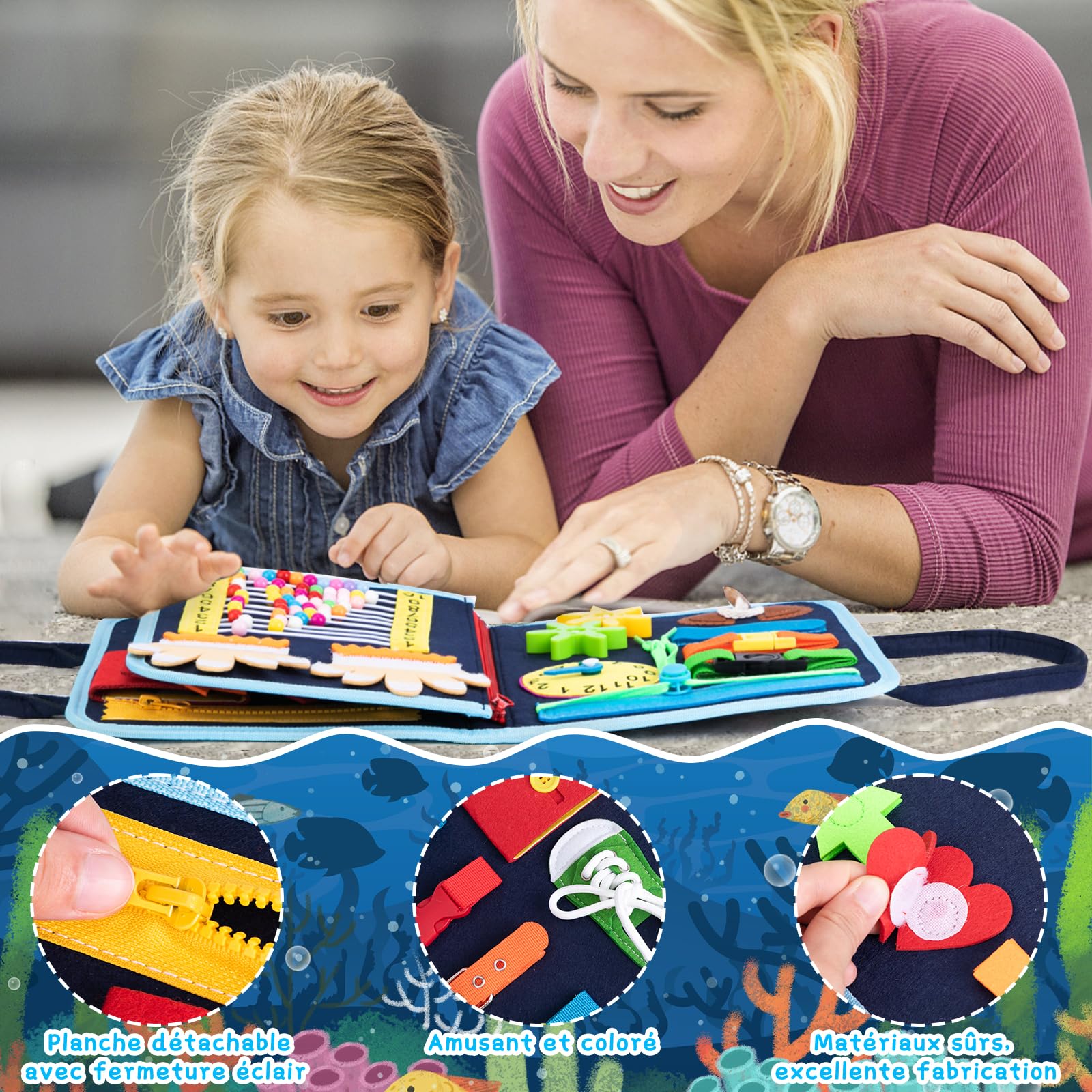 Busy Board Montessori, Tableau Montessori Jouets d'activité et de Développement, Livre Montessori 1 an, Jeux Educatif Apprentissage Préscolaire, Motricité Bébé pour Enfants 1 2 3 4 Ans (Bleu)