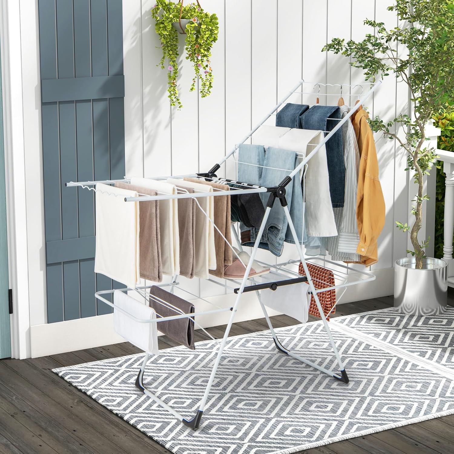 Tangkula Laundry Drying Rack, Foldable Clothes Drying Rack with Height Adjustable Wings, 33 Drying Rails & Sock Clips, Freestanding Gullwing Garment Stand for Indoor & Outdoor Use (White+Grey)