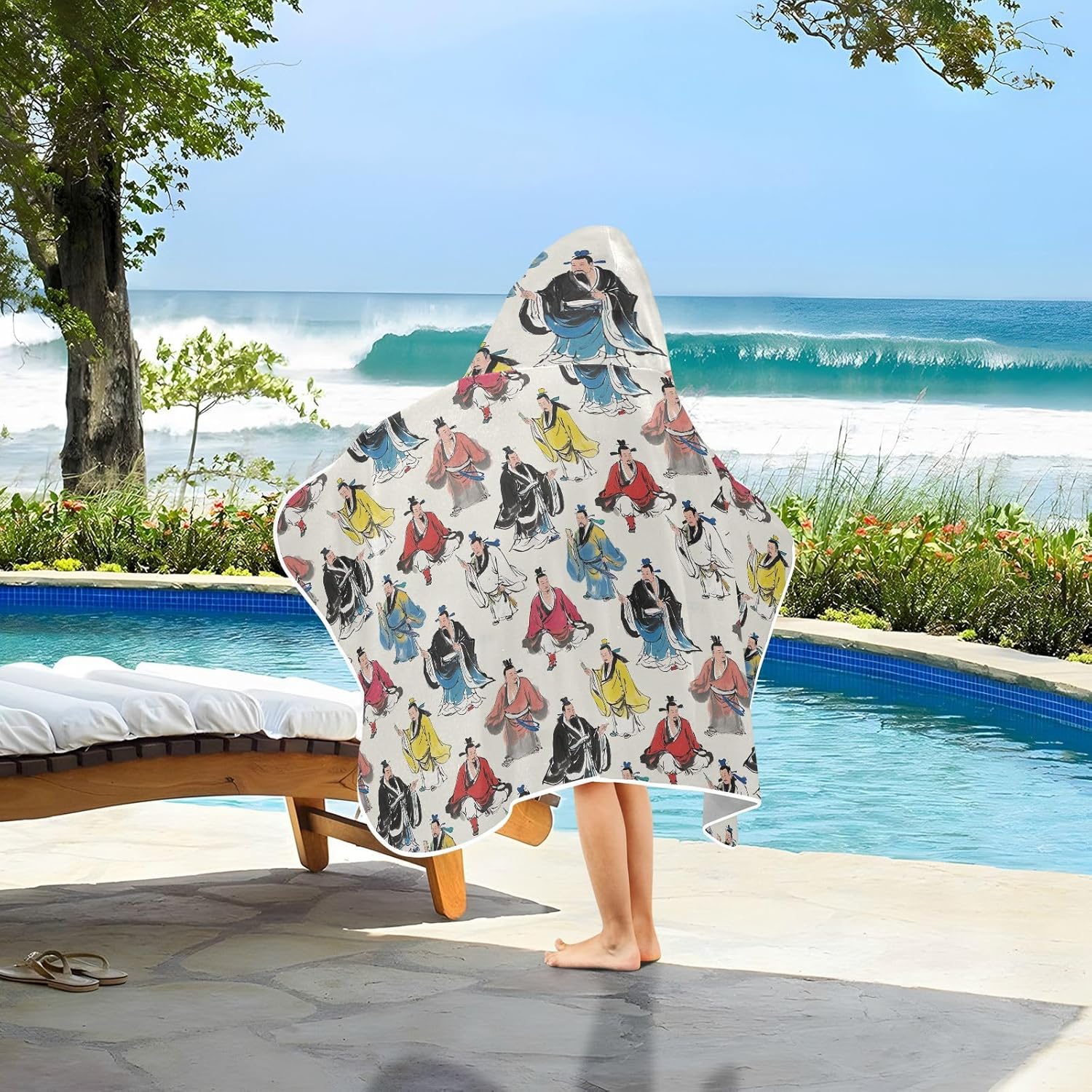 Kids Beach Towels Ancient Chinese Characters Hooded Beach Bath Towel Absorbent