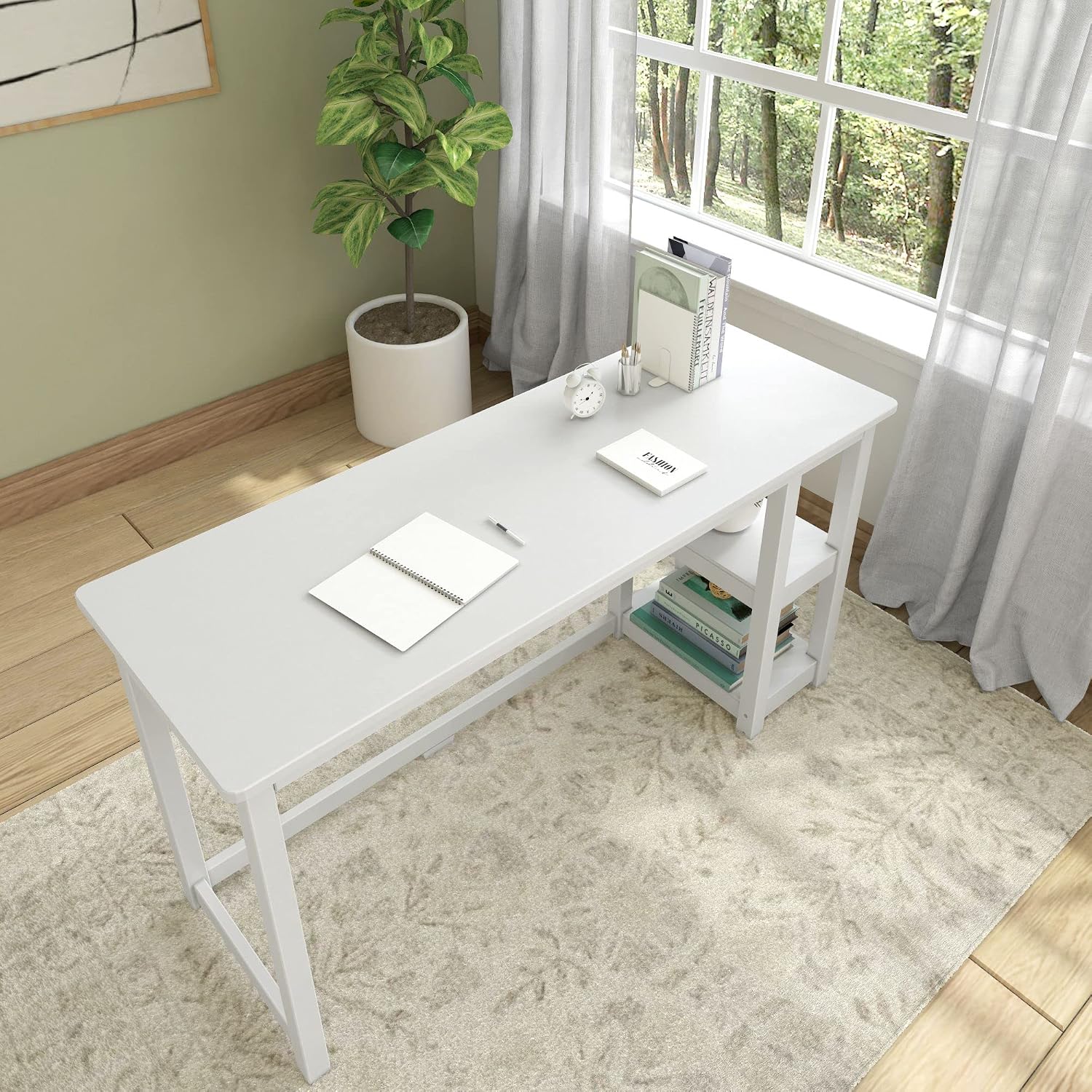 Plank+Beam Computer Desk with Shelves, Simple Desk for Bedroom, Home Office Study Desk, 55.25 Inch, White