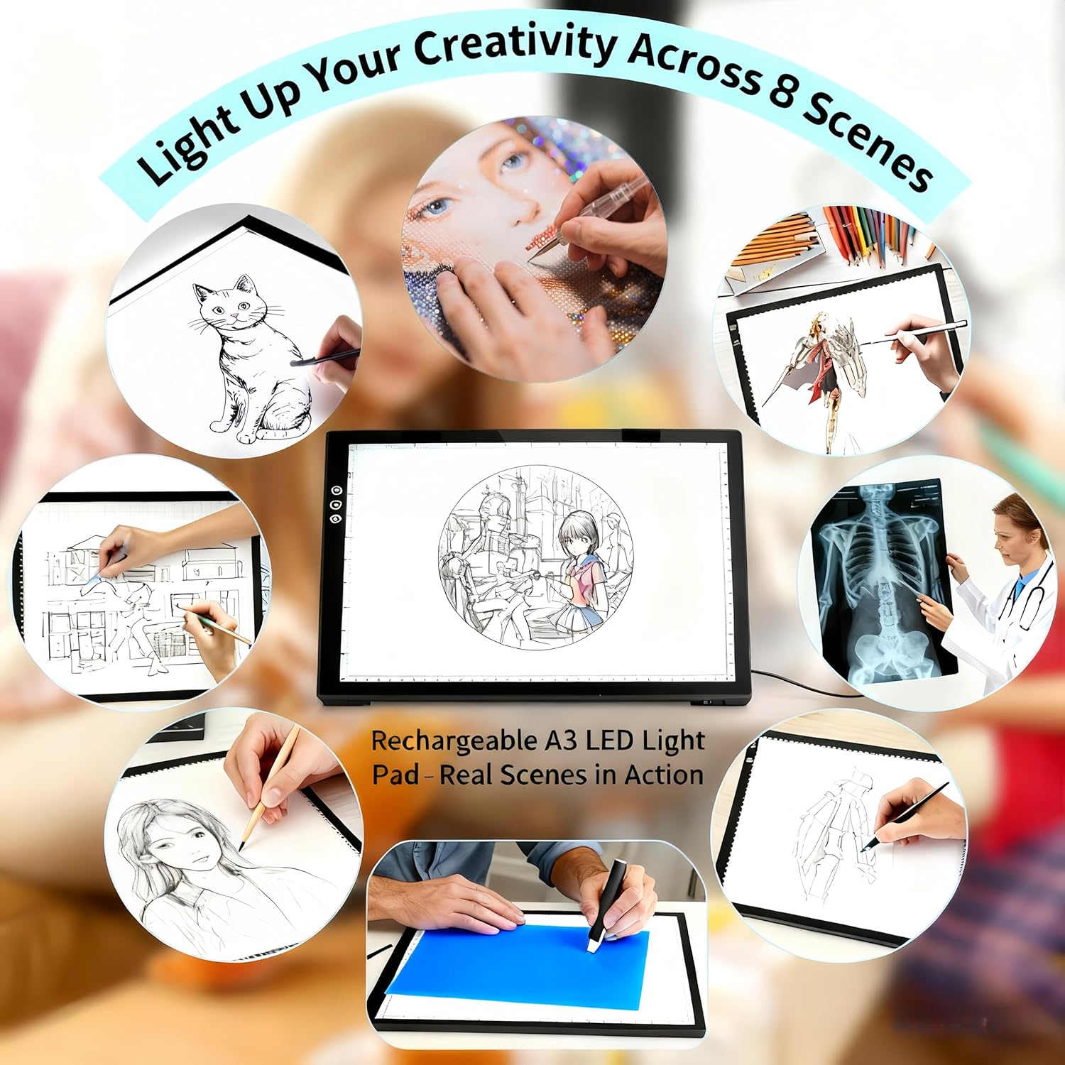 Rechargeable A3 Light Pad for Tracing Drawing - 8 Brightness Levels + 3 Light Colors - with 2500mAh Battery Powered and Foldable Stand for Diamond Art Painting, Animation, Skecth, Weeding Vinyl