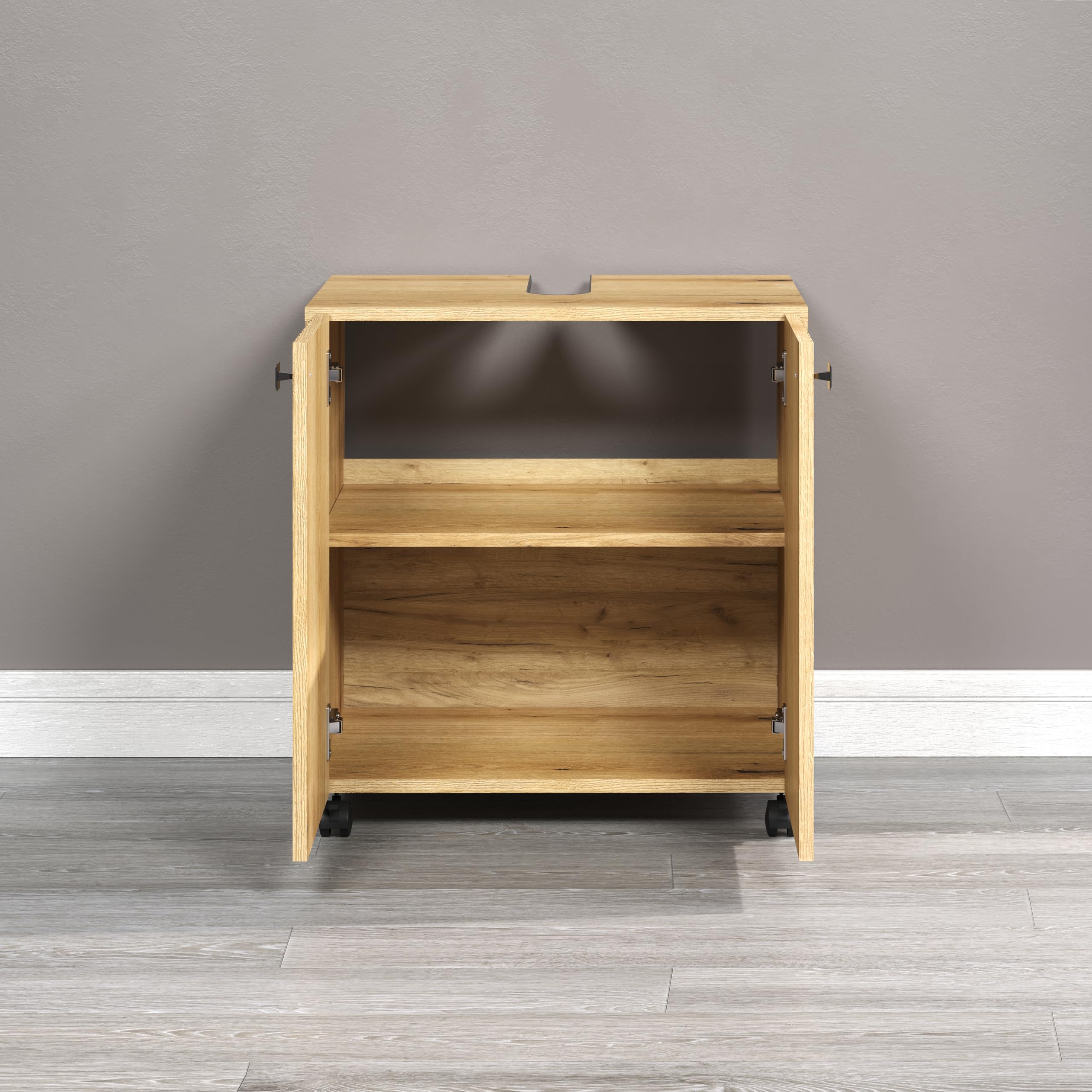 trendteam Smart Living - Mueble bajo Lavabo con Ruedas - Baño - PureBliss - Dimensiones de Montaje (Ancho x Alto x Profundidad) 60 x 64 x 42 cm - Color Roble Evoke con Ranuras Negras - 233730342