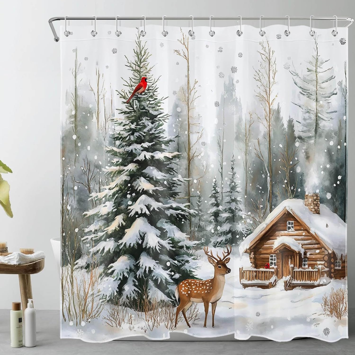 LB Christmas Deer Shower Curtain Sets with Rugs Winter Snowy Woodland Wild Animal Cardinal Fabric Shower Curtain with Hooks Rustic Farmhouse Nature Landscape Bathroom Curtains Shower Set, 70x70 inches