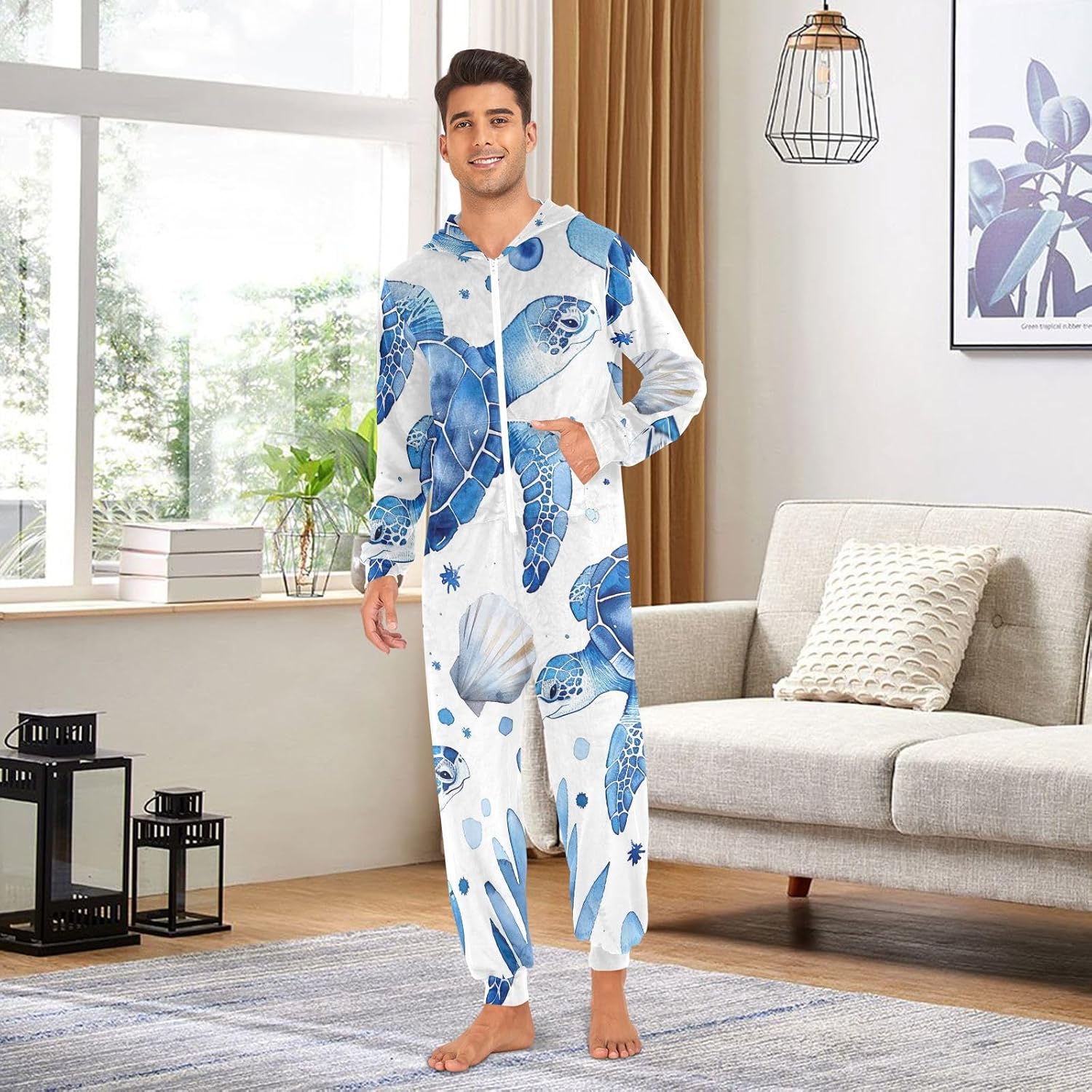 GAIREG Watercolor Turtle Blue White Men Women Pajama Onesie, Warm Mens Womens Onesie Christmas