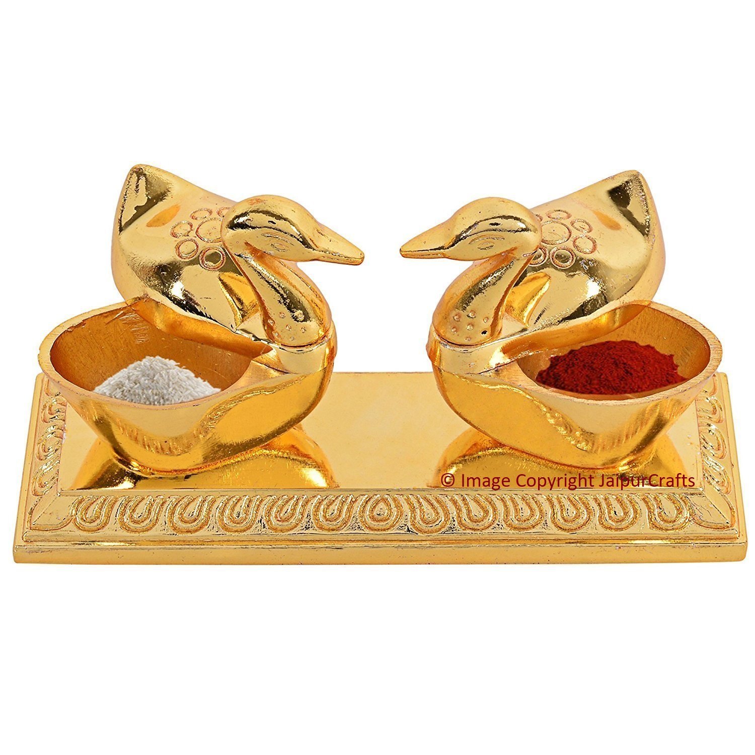 JaipurCrafts Zinc Roli-Chandan, Chawal-Akshat-Haldi, Kumkum Box with Loving Bird Duck Pair Chopda, 11x6x3cm(Gold)