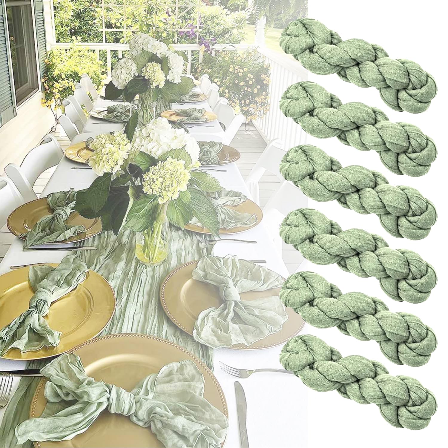Chemins De Table En Mousseline Vert Sage - 90x300cm - Décoration Bohème Mariage