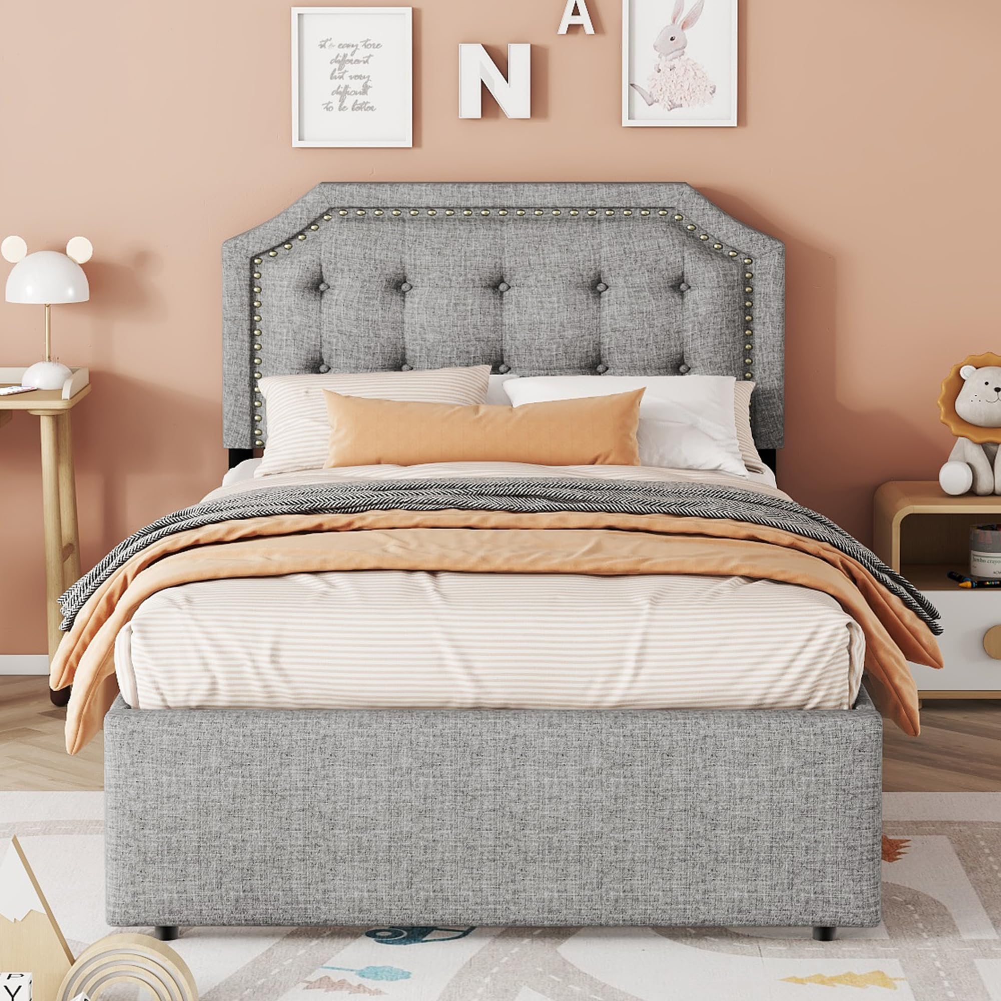 Letto Singolo Imbottito IDIMEX LAVORO 90x200 Cm – Velluto Greige Con Testiera Imbottita E Rete A Doghe