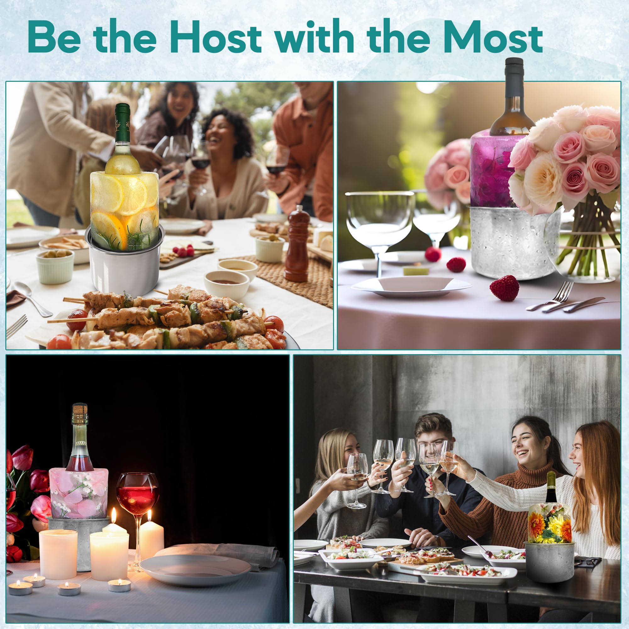 Molde de Hielo para Enfriar Botellas de Vino, Cubeta Enfriador de Champán, Personalizable con Flores y Frutas, Centro de Mesa Único para Fiesta y Celebraciones, con 12 Marcadores de Copas
