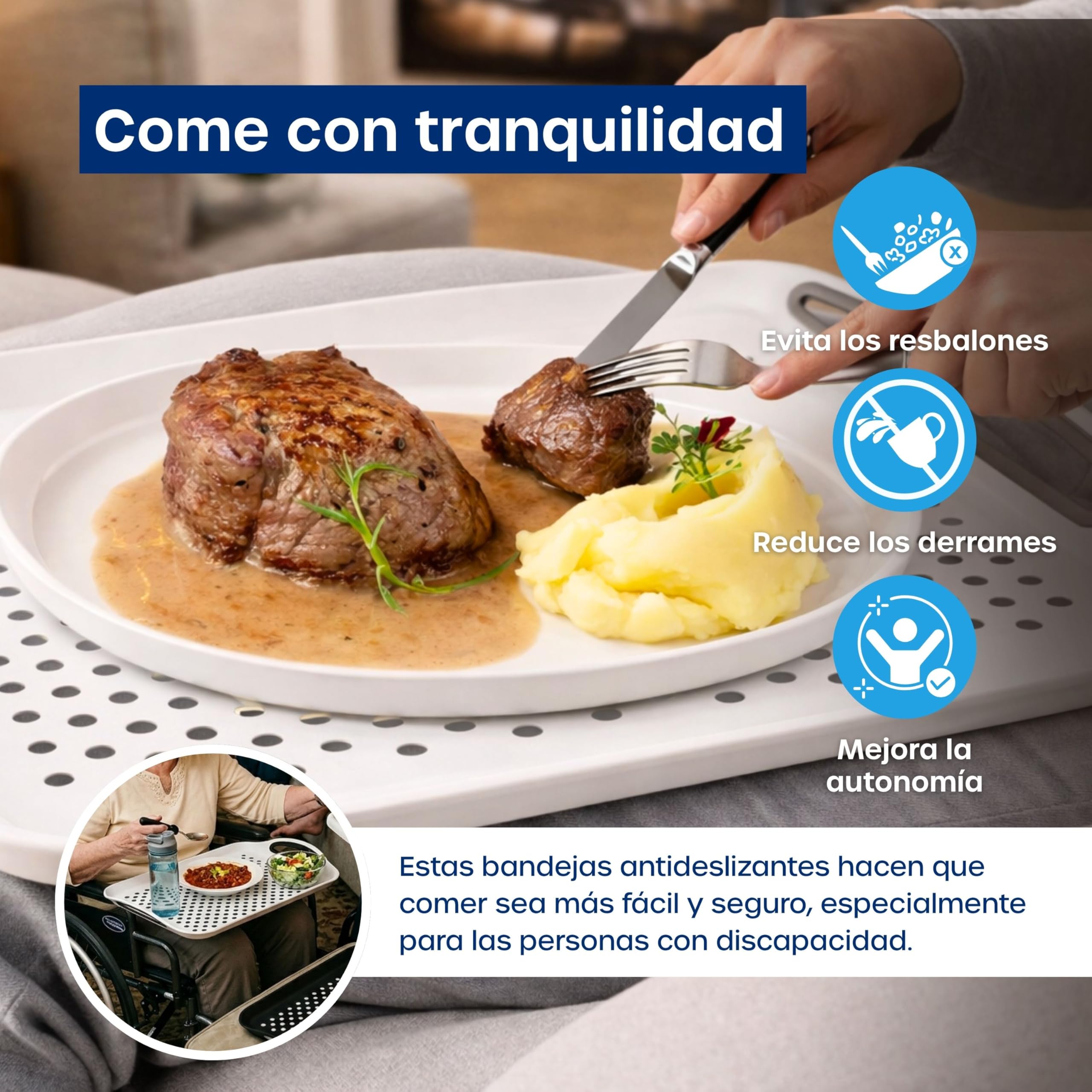volila Bandeja antideslizante de plástico antideslizante para comer con asa (41 x 29 x 4,5 cm) - Bandejas de comida para comer, té o café, color blanco