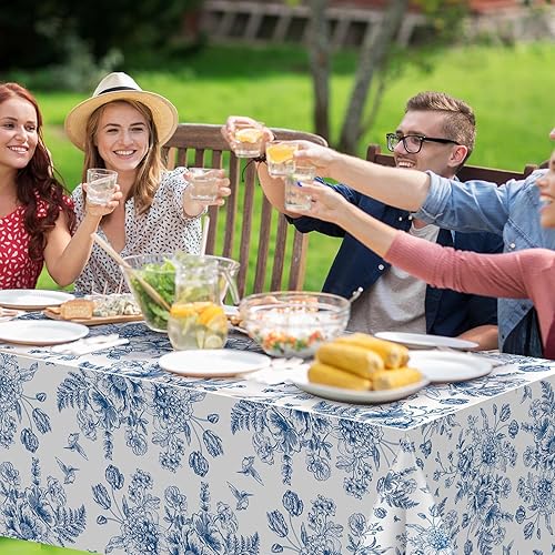 Miniatura 6 de Tiamon 6 manteles de plástico florales azules de 54 x 108 pulgadas, manteles rectangulares vintage desechables con flores azules azul marino y