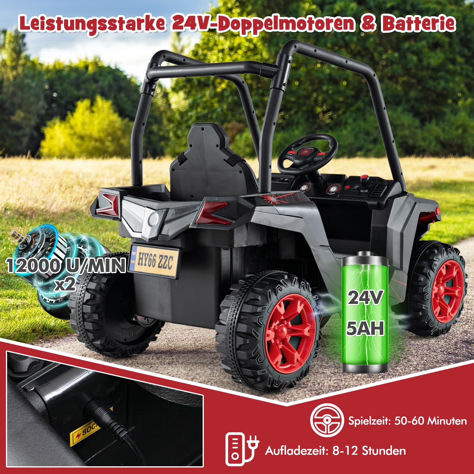 COSTWAY Samochód elektryczny dla dzieci, 24 V UTV z pilotem zdalnego sterowania 2,4 G, pojazdy elektryczne z muzyką, klaksonem, radiem i diodami LED, samochód elektryczny dla dzieci od 3 lat (czarny +
