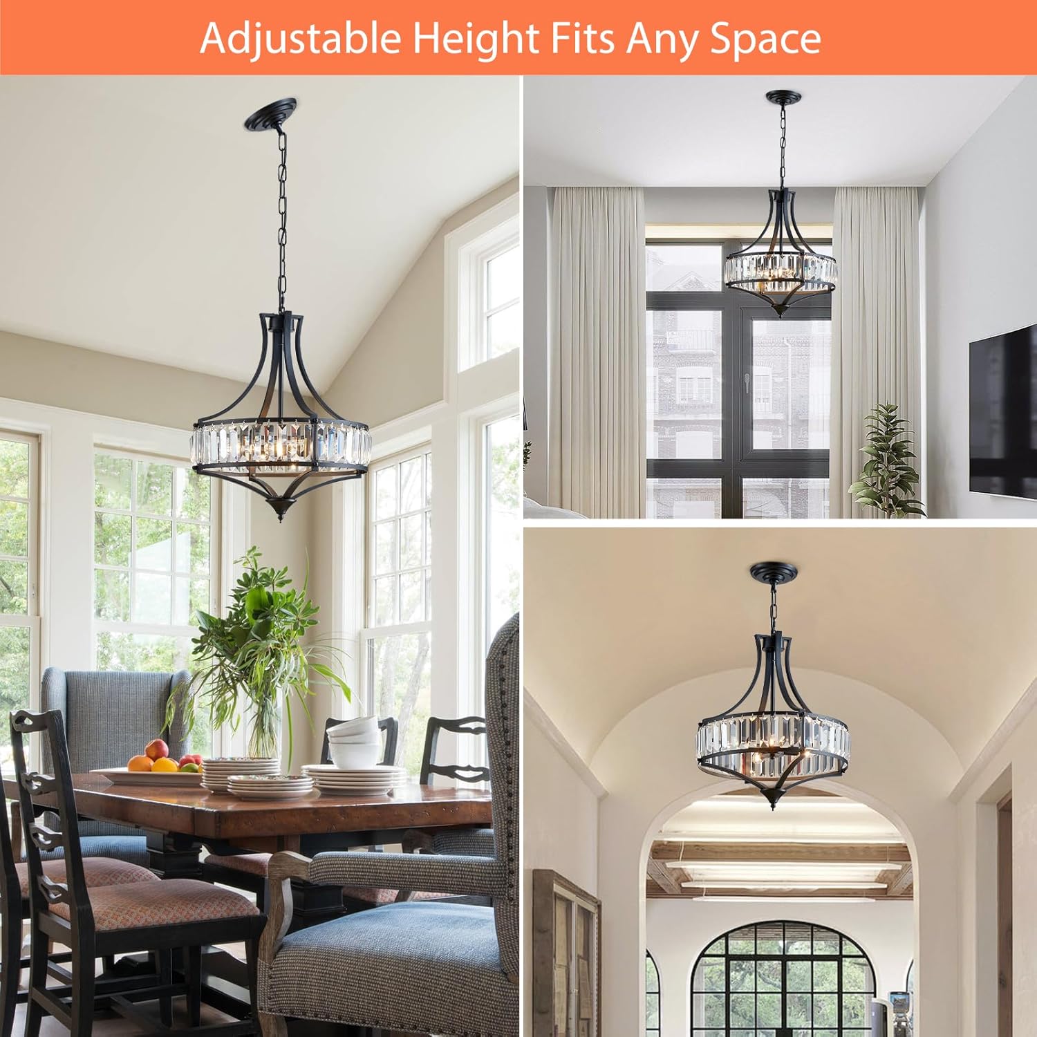 Crystal Chandeliers for Dining Room, Round Rustic Farmhouse Chandelier, Metal Shade, 4-Light Modern Chandelier for Hallway, Bedroom, Foyer Black