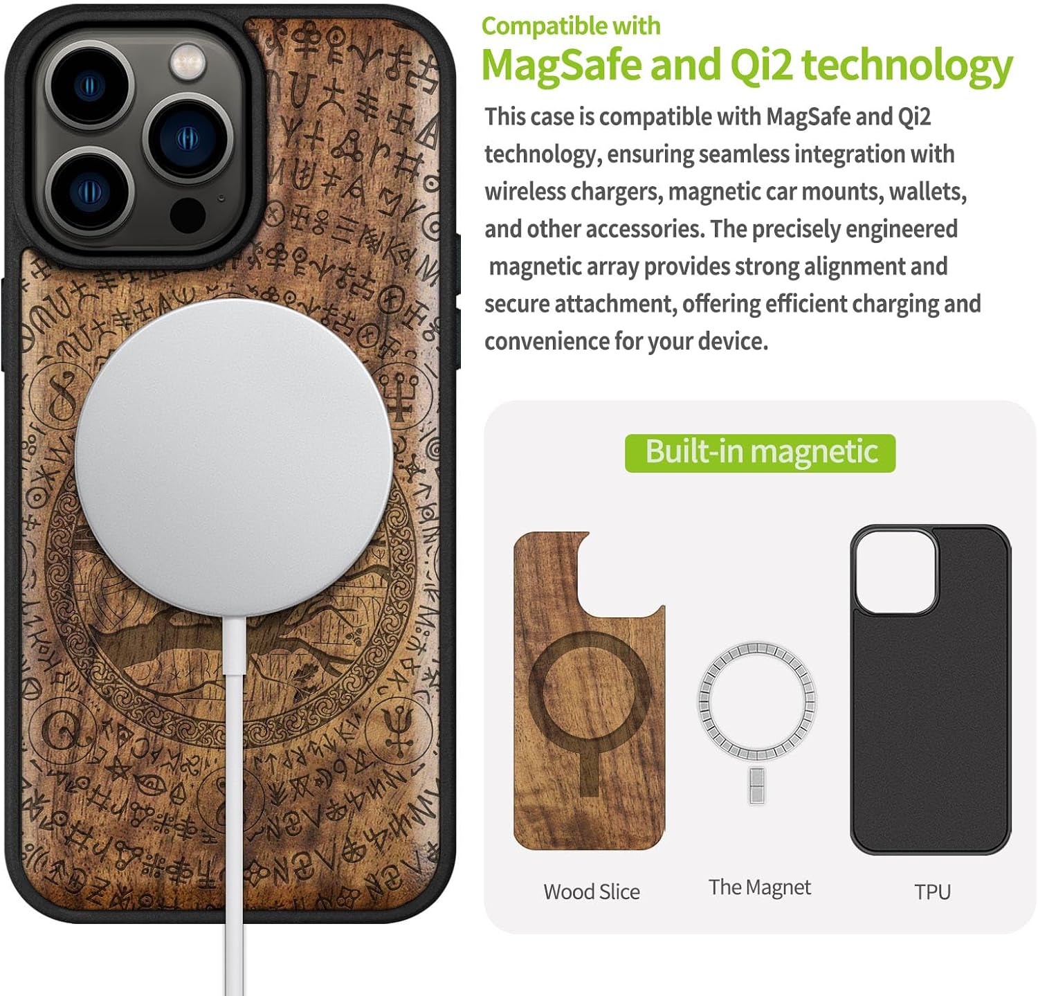 Carveit Magnetic Wood Case for iPhone 14 Pro Max [Natural Wood & Black Soft TPU] Unique & Classy Wooden Shockproof Protective Cover Compatible with magsafe (Runic Raven Wisdom -Walnut)