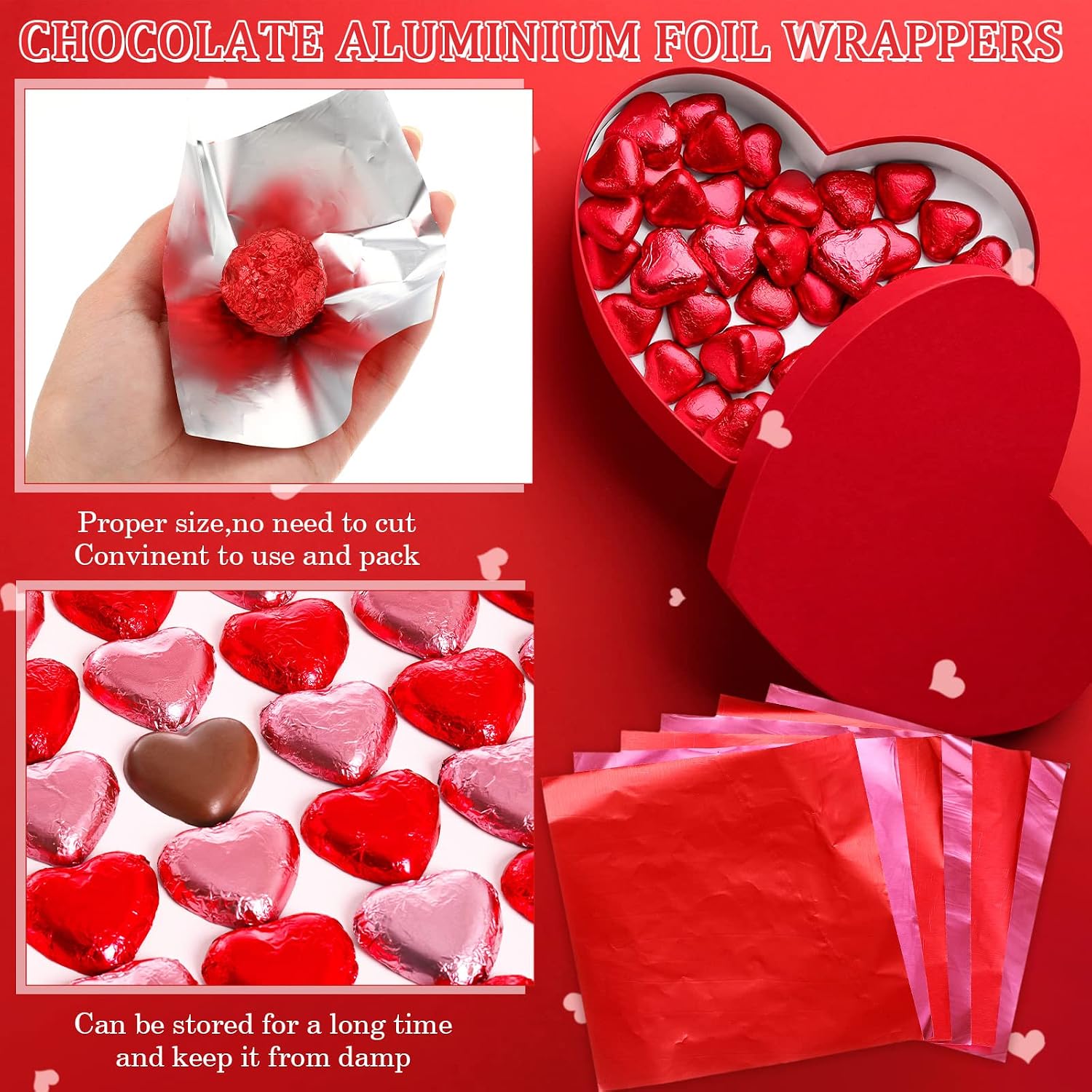 Gersoniel 400 Sheets Foil Chocolate Candy Wrappers Aluminum Tin Foil Wrapping Paper for Packaging Wrappers DIY Baking Homemade Wedding Party Favors(6 x 6 Inch,Solid,Red, Pink)