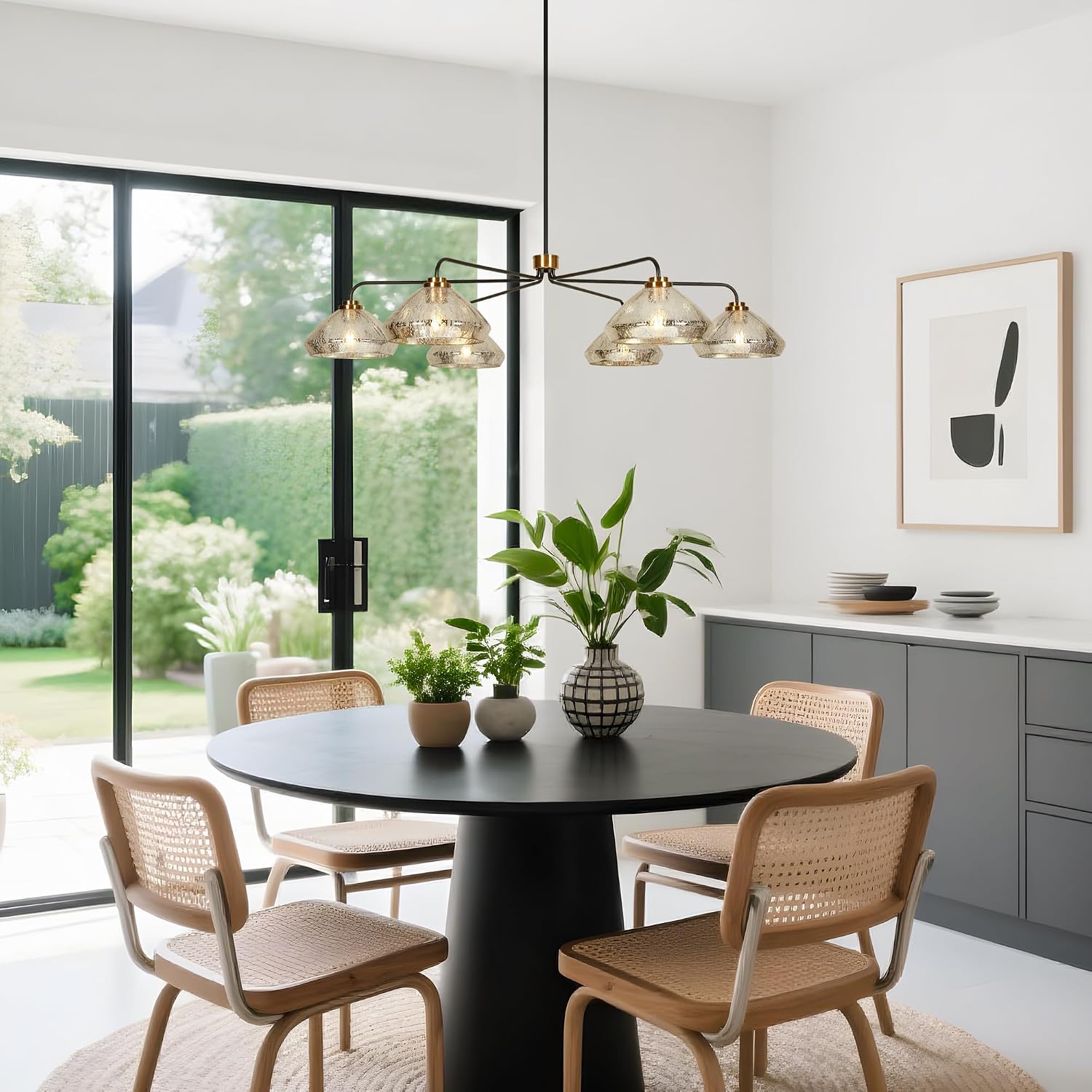 KSANA 51.2" 6-Light Chandelier, Black and Gold Dining Room Chandelier Light Fixture with Mercury Glass Shades and Brass Accents