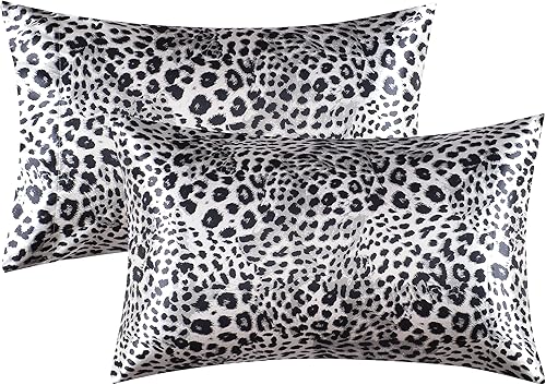 Paquete de 2 fundas de almohada de satén para cabello y piel, juego de 2 fundas de almohada de satén con cierre envolvente (estándarQueen, leopardo