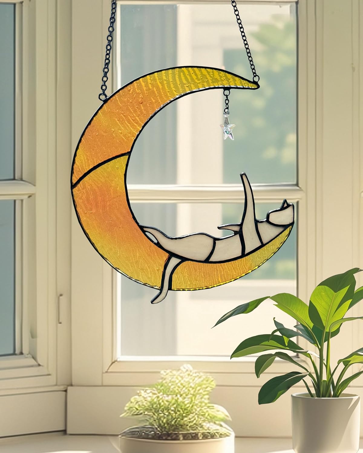 Cat and Moon Suncatchers, Stained Glass Window Hangings (Yellow Moon)