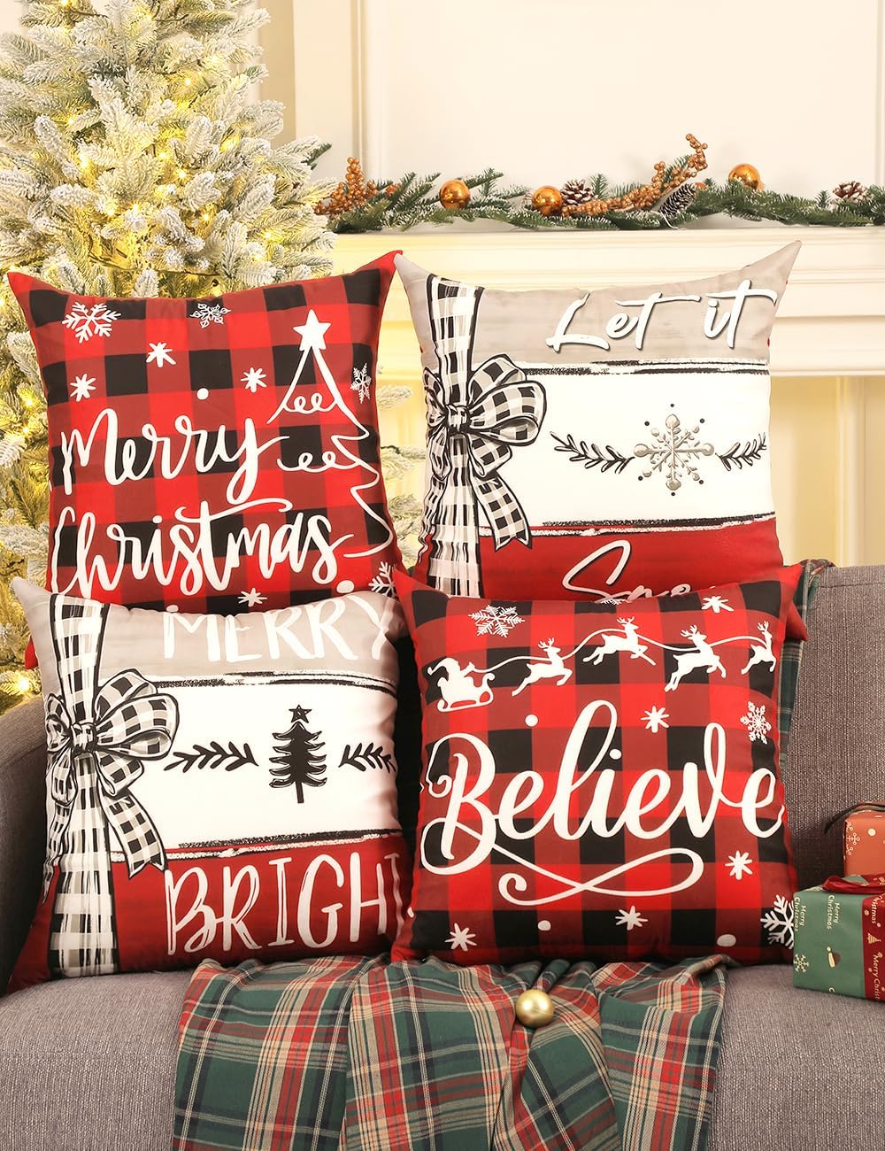 TOYPOPOR Christmas Decorations, Double Sided Throw Pillow Covers 18x18 Inches Set of 4, Christmas Tree, Snowflakes, Merry Christmas, Snowman Reindeer Cushion Case for Farmhouse Home Holiday Decor - Image 9