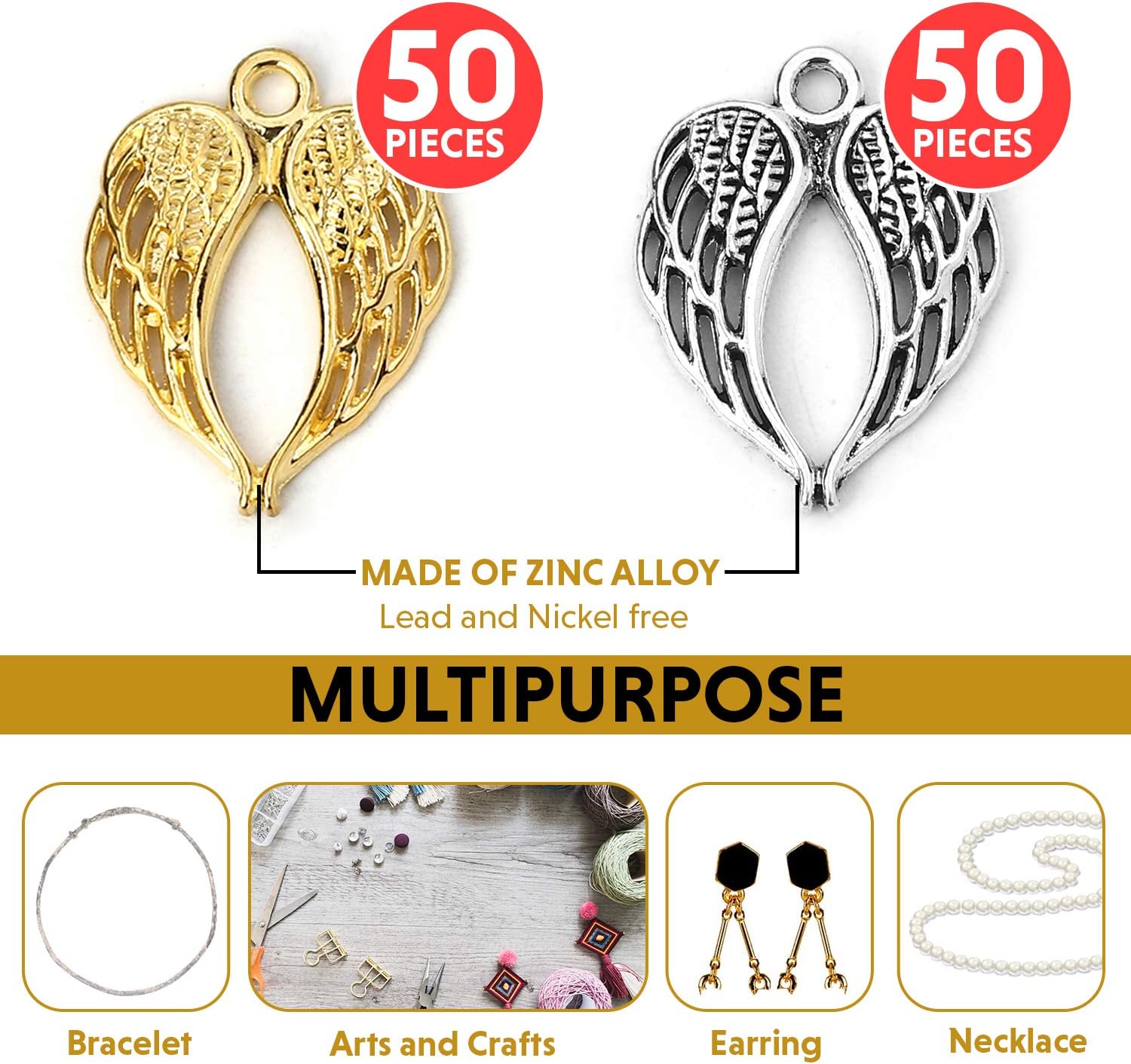 JGFinds Angel Wings Pendant Charm - 100 Pack (50 Silver, 50 Gold Toned) DIY Jewelry Making Supplies, Small 7/8 Inch Metal Wings for Bracelet, Necklace, Earrings or Arts and Crafts