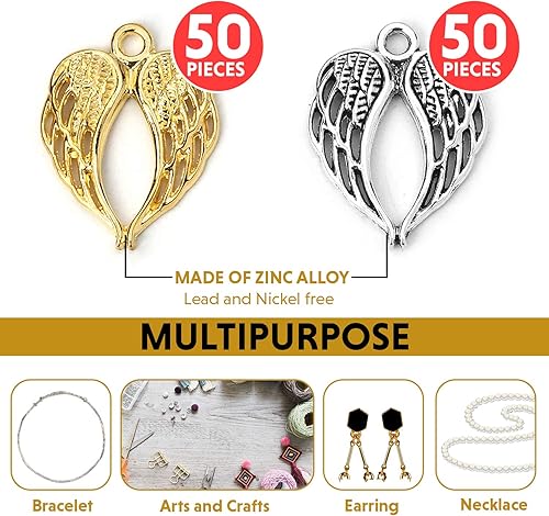 Miniatura 2 de JGFinds Dije de alas de ángel, paquete de 100 (50 plateadas, 50 en tono dorado) suministros para hacer joyas, pequeñas alas de metal de 78 pulgadas