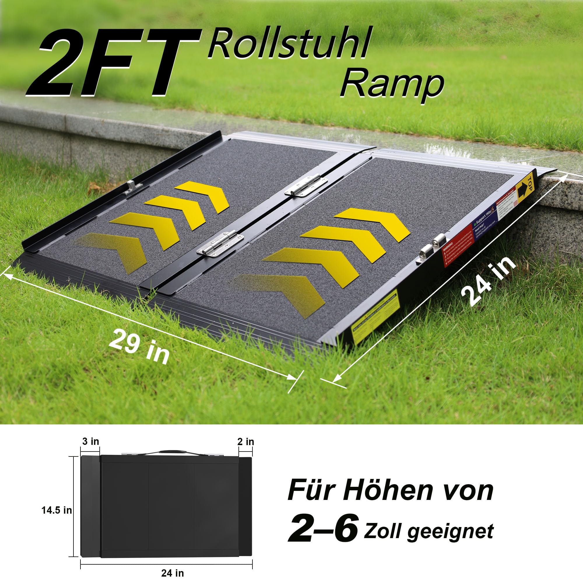 Tragbare Rollstuhlrampe mit Schnellverriegelung, rutschfeste Aluminiumkonstruktion für Türöffnungen und Hausstufen, maximale Belastung 363 kg, stabil, Größe: 2 Fuß (0,6 m)